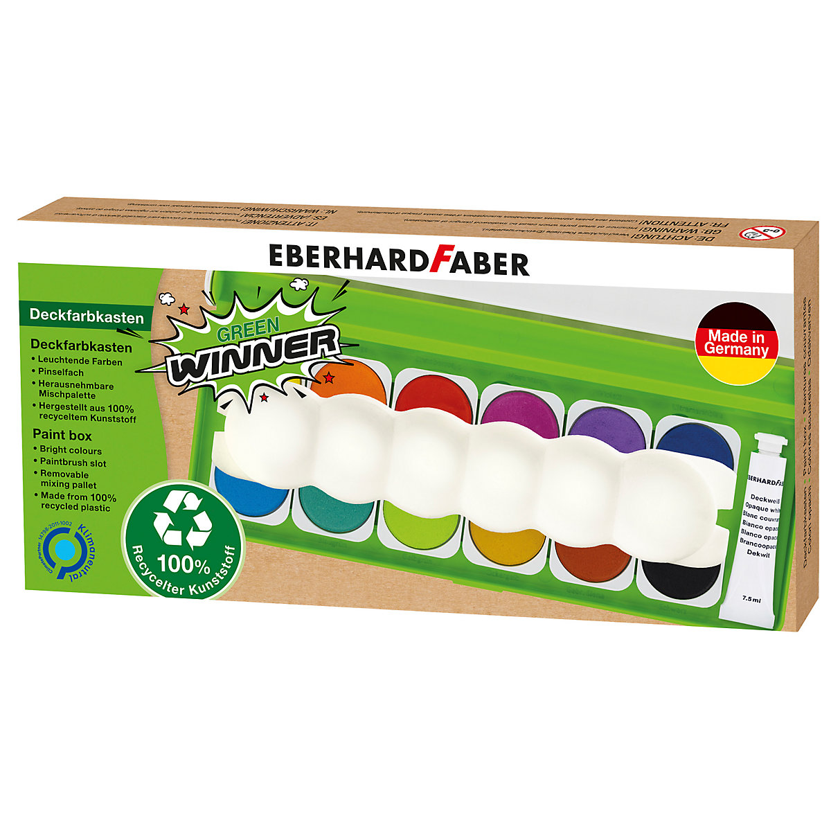 Deckfarbkasten GREEN Winner aus 100% recyceltem Material, 12 Farben, inkl. Deckweiß & Mischpalette
