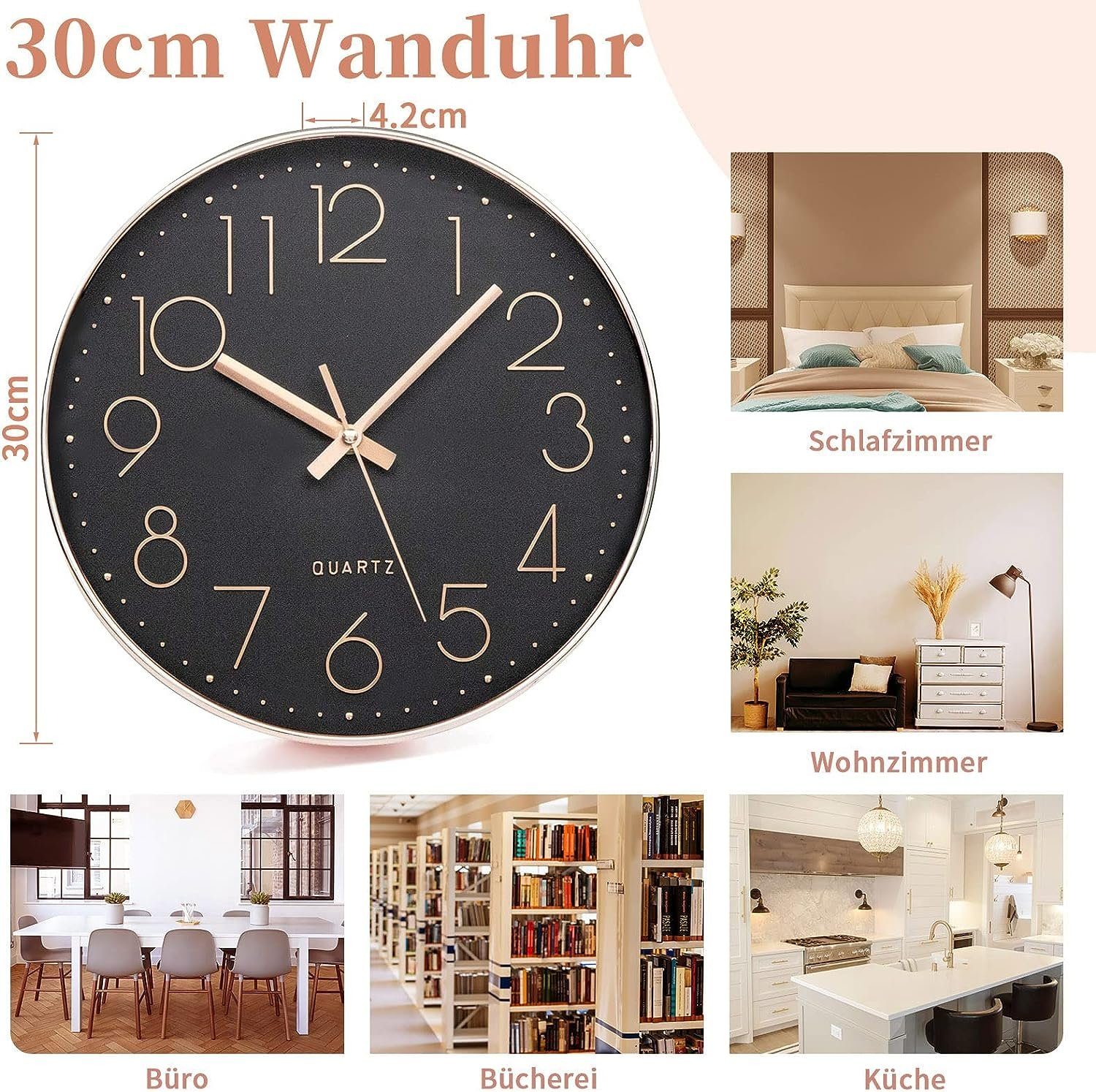 Blusmart Wanduhr 30cm Stille Wanduhr Anti-Ticken (Modern Wanduhr Quarz Lautlos Wanduhr)
