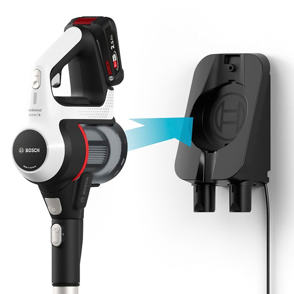 BOSCH Akku-Stielstaubsauger Unlimited Serie 6, weiß, BCS611AM, beutellos, 18V Power for ALL Akku, inkl. Möbelpinsel und Polsterdüse