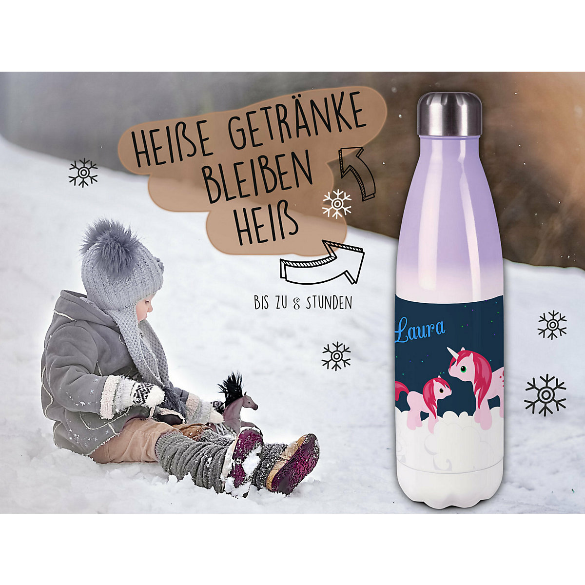 Edelstahl Kinder Thermoflasche / Trinkflasche bunt Einhorn Spülmaschinenfest, Auslaufsicher, Bruchfest, Doppelwandig, Für Heißgetränke geeignet, Mit Deckel, Isoliert
