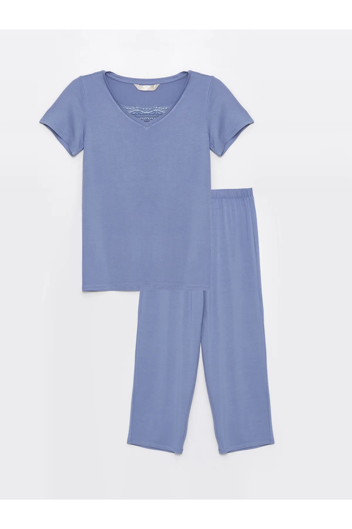 LC Waikiki  Einfarbiges, kurzärmliges Damen-Capri-Pyjama-Set mit V-Ausschnitt