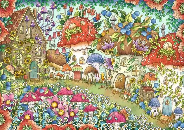 Puzzle 1000 Teile - Niedliche Pilzhäuschen in der Blumenwiese