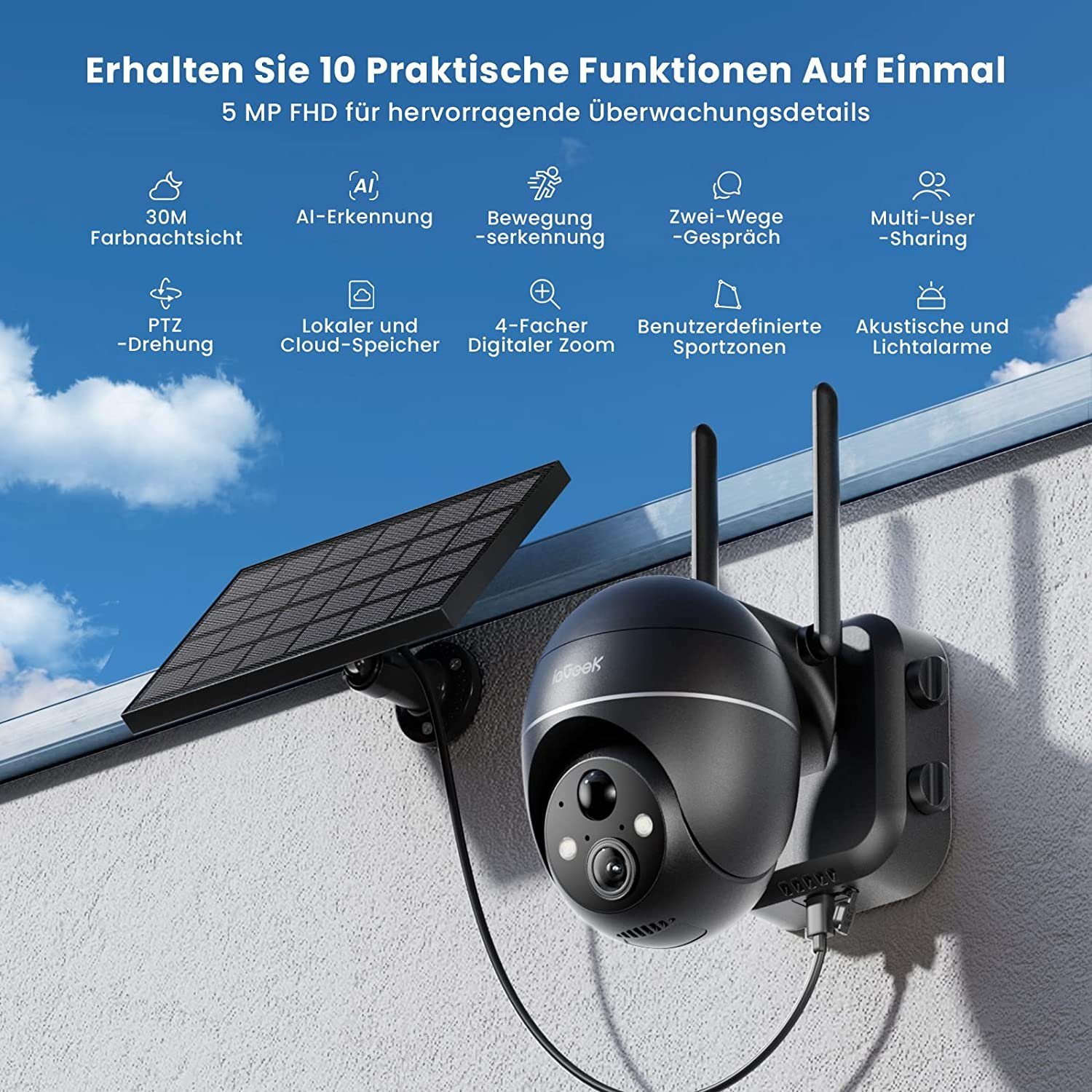 ieGeek 5MP 2K Überwachungskamera Aussen Akku Solar PTZ Überwachungskamera Überwachungskamera (Außenbereic, Aussen, Außen, Innenbereich, Aussen WLAN mit Solarpanel 2,4GHz WLAN IP Überwachungskamera, PIR-Bewegungsmelder, 30M Farbige Nachtsicht, 4DBi WL