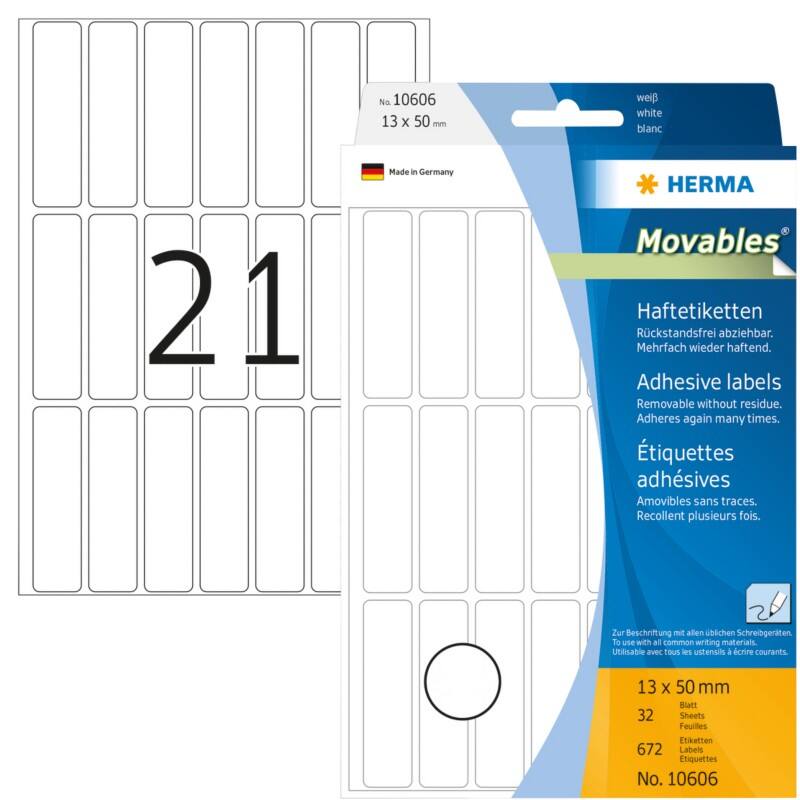 HERMA Mehrzwecketiketten 10606 Weiß Rechteckig 13 x 50 mm 32 Blatt à 21 Etiketten