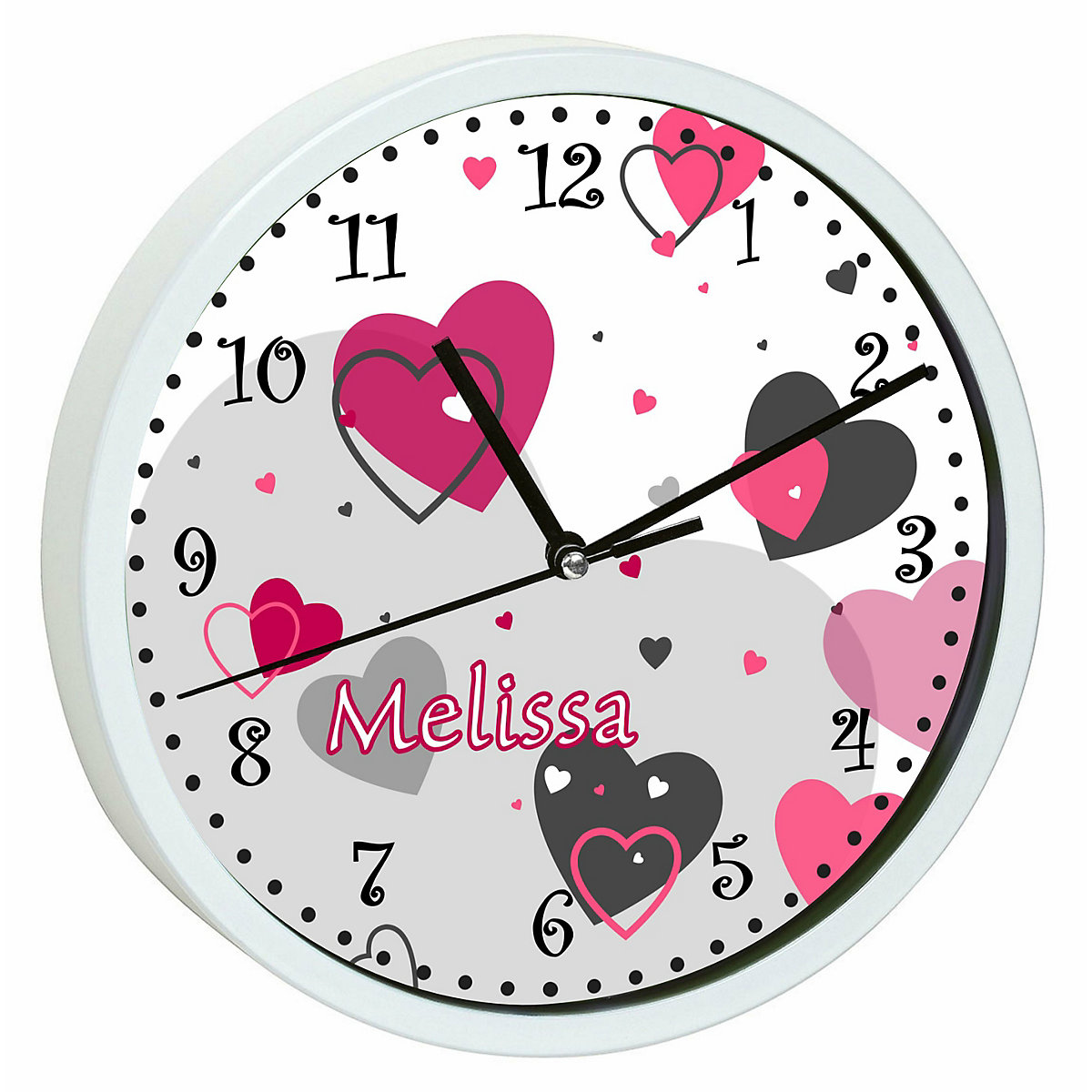 Kinder Wanduhr personalisiert mit Name Herz Rosa Grau