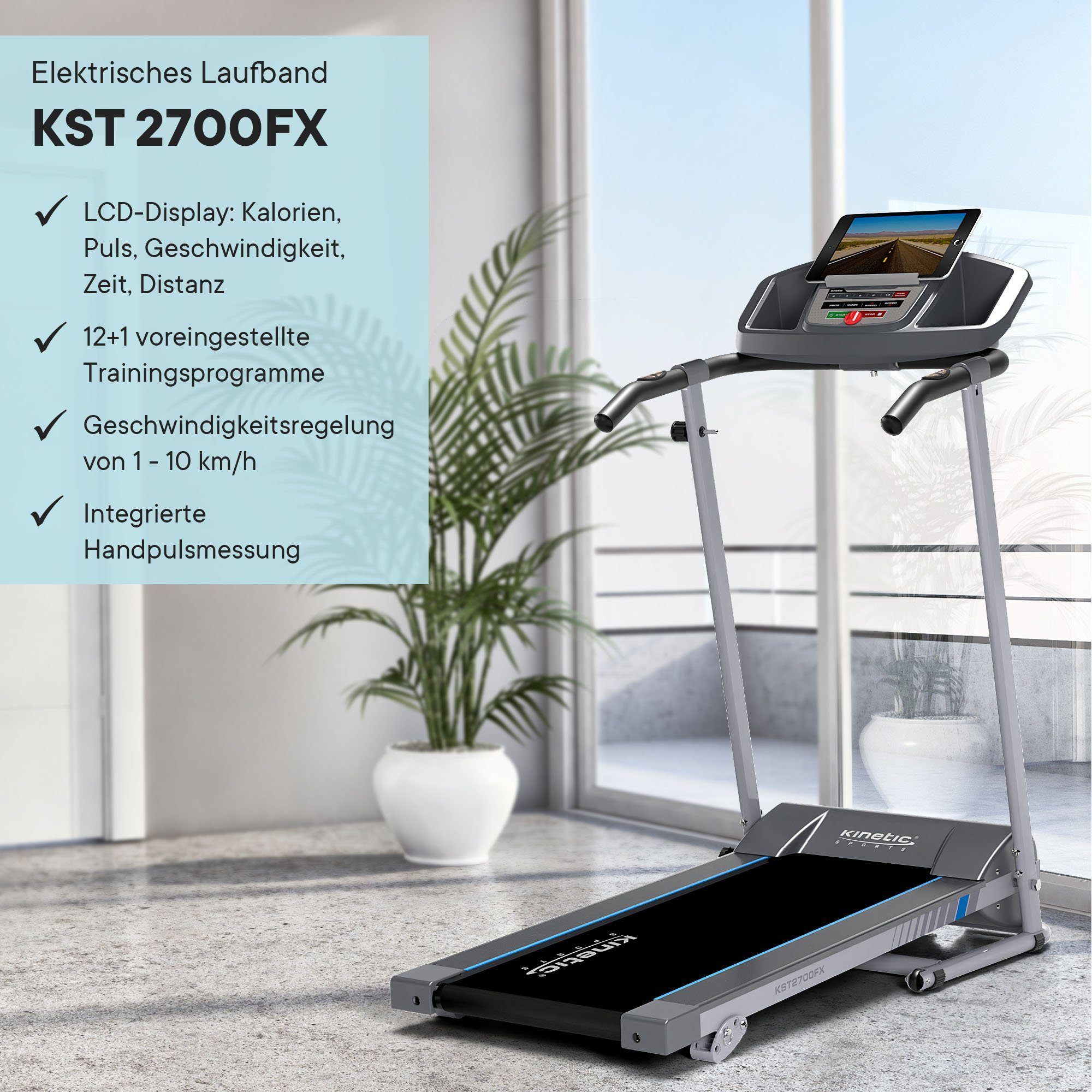 Kinetic Sports Laufband KST2700FX, klappbar, Konsole mit LCD-Display, 750 Watt Motor, bis 10 km/h