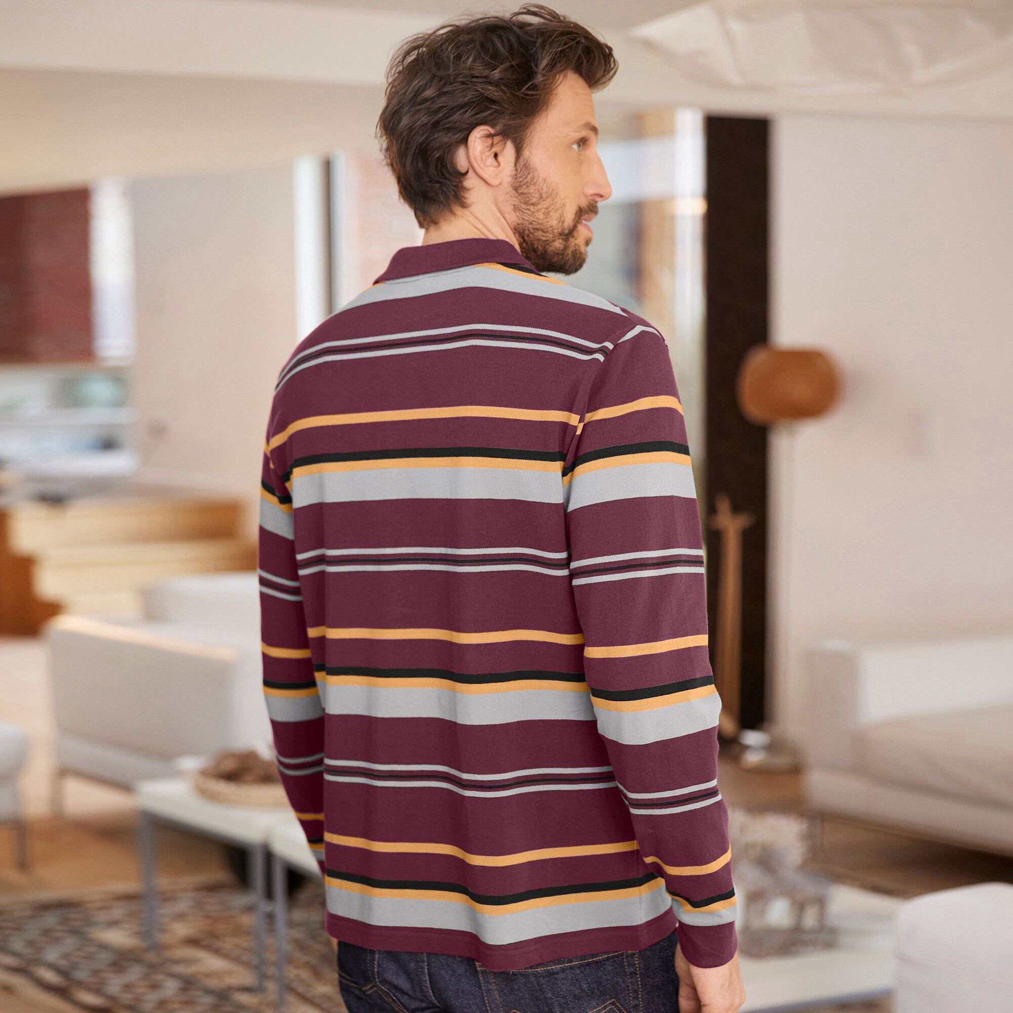 Polo maille piquée rayée, manches longues