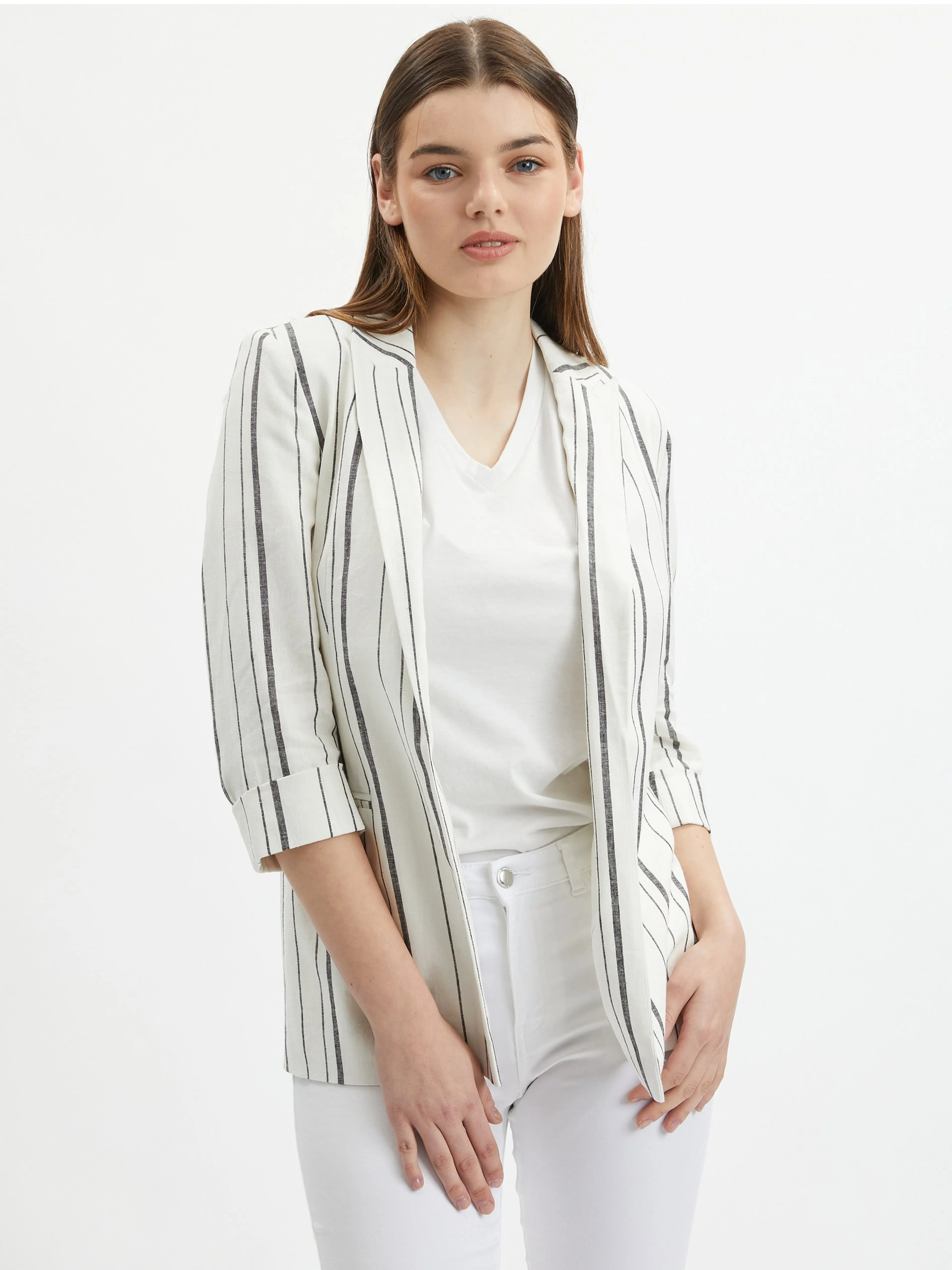 Weiße gestreifte Damen-Leinenjacke ORSAY