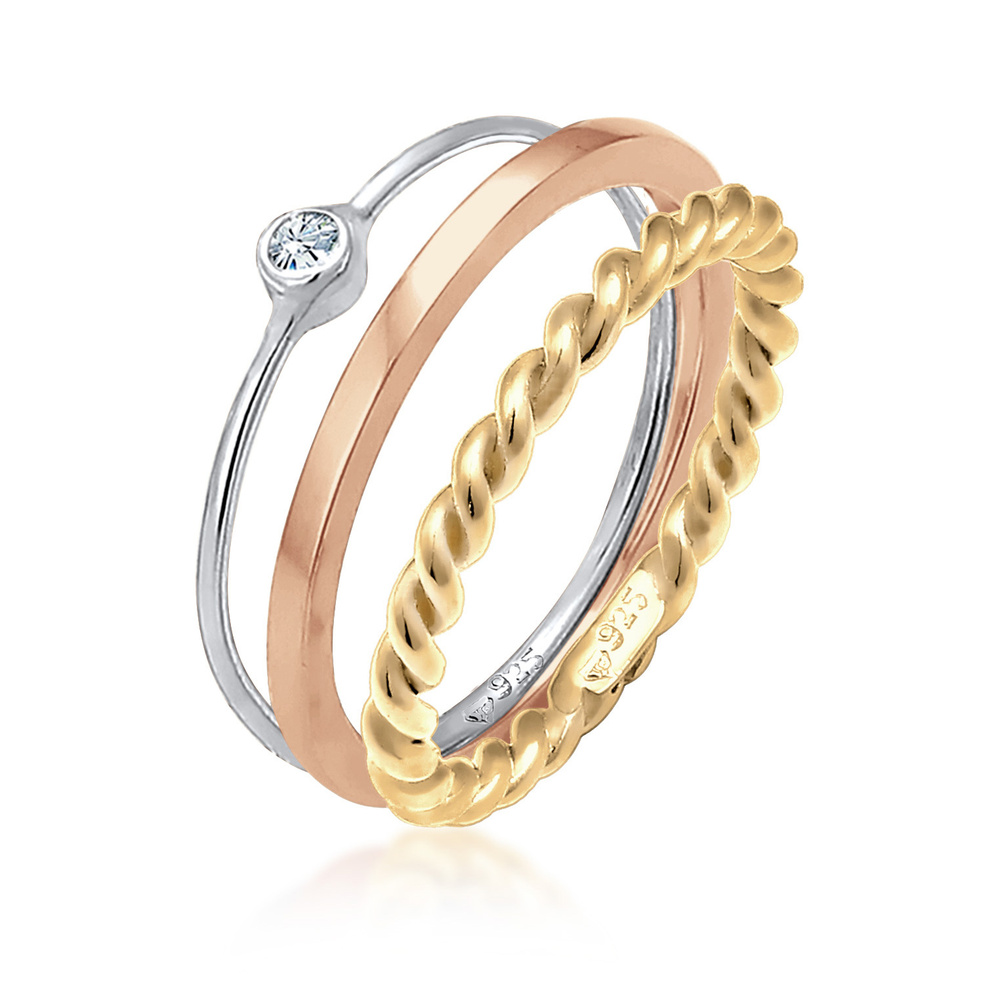 Elli Elli Bague Femmes Set Solitaire Basic Torsadé avec Cristal en argent sterling 925 Bague