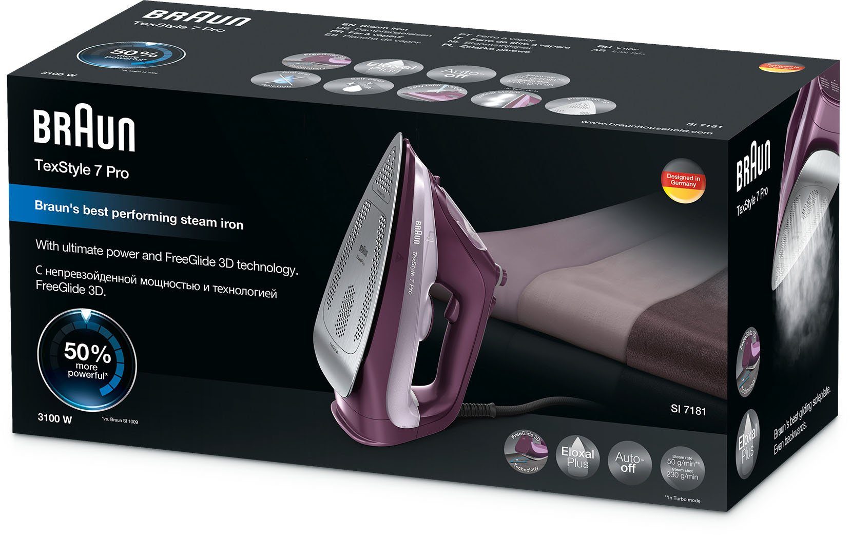 Braun Dampfbügeleisen TexStyle 7 Pro SI 7181 VI, 3100 W, mit FreeGlide 3D Bügelsohle, Violett