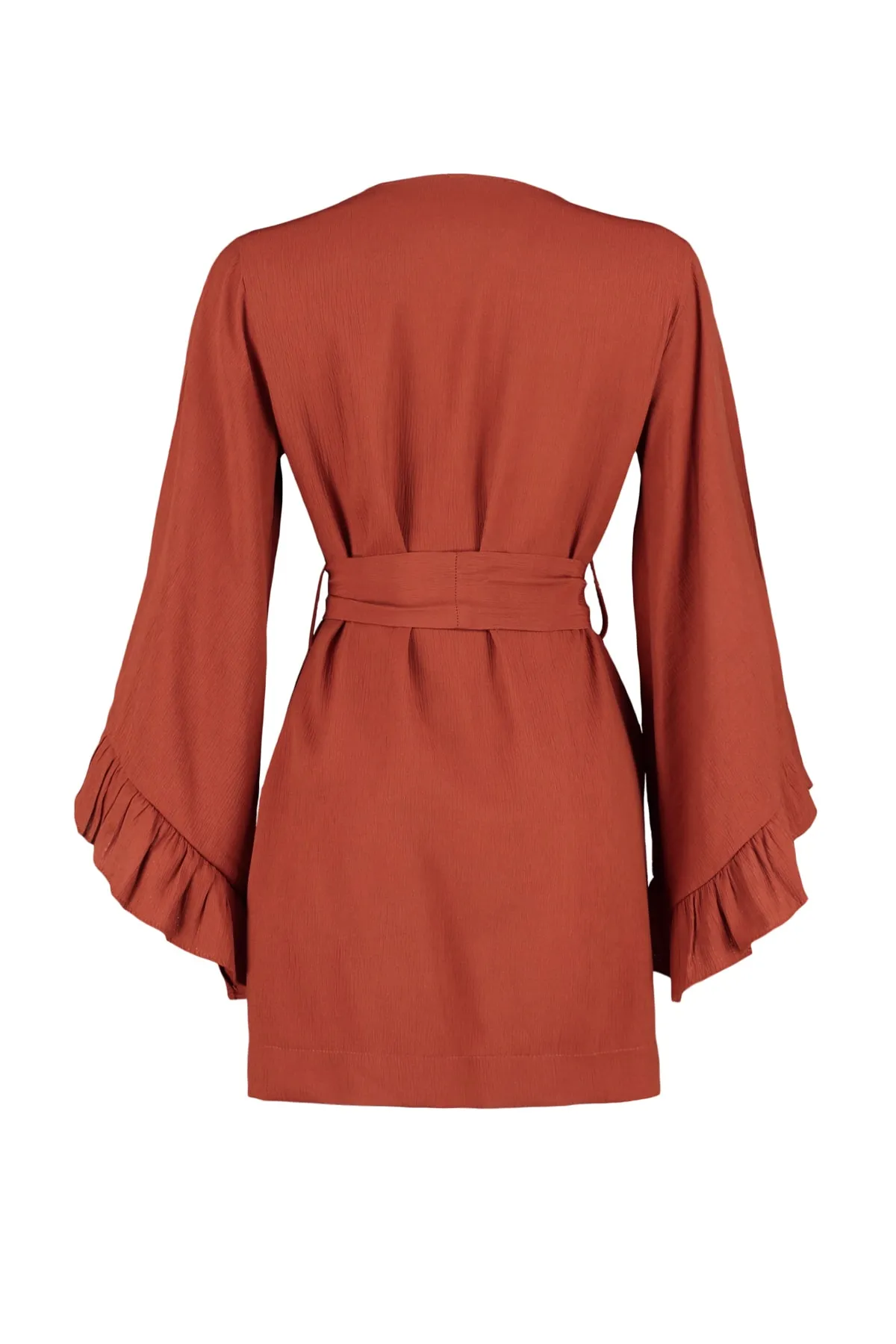 Trendyol Collection  Zimtfarbener, gewebter Mini-Volant-Kimono und -Kaftan mit Gürtel TBESS21KM0002
