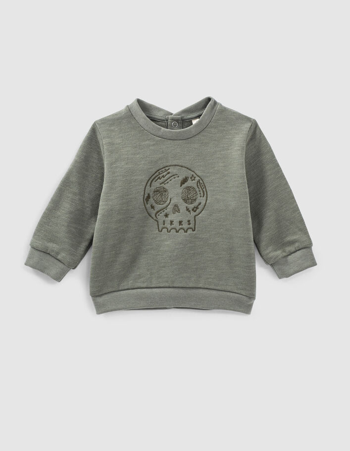 Sweat kaki clair brodé skull en molleton bio bébé