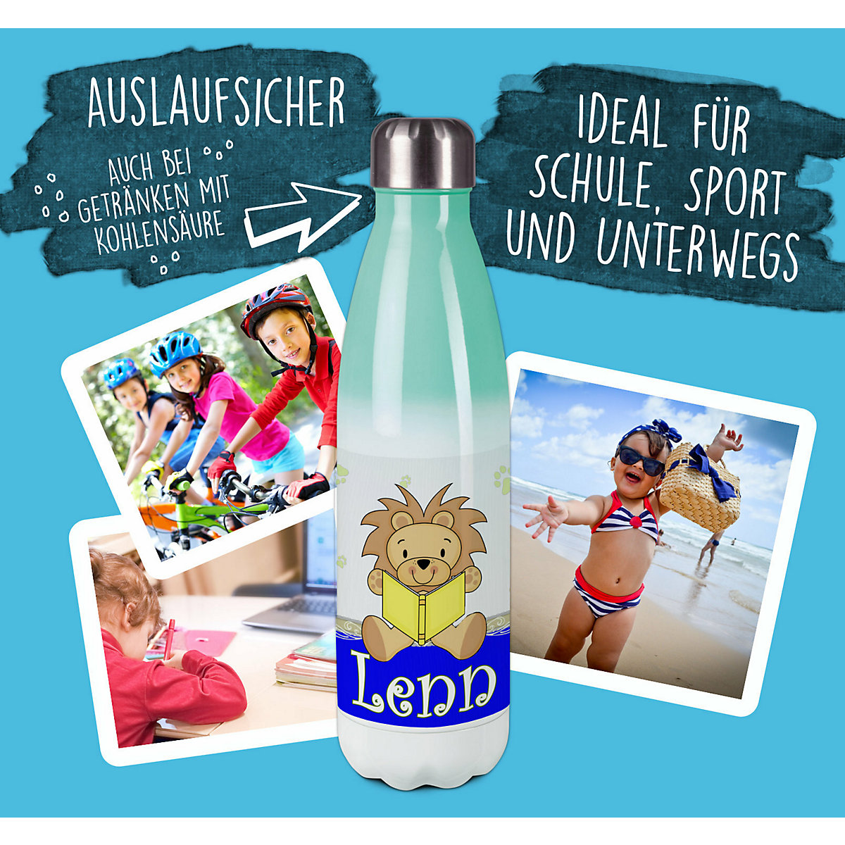 Edelstahl Kinder Thermoflasche / Trinkflasche bunt Leselöwe Farbe blau Spülmaschinenfest, Auslaufsicher, Bruchfest, Doppelwandig, Für Heißgetränke geeignet, Mit Deckel, Isoliert