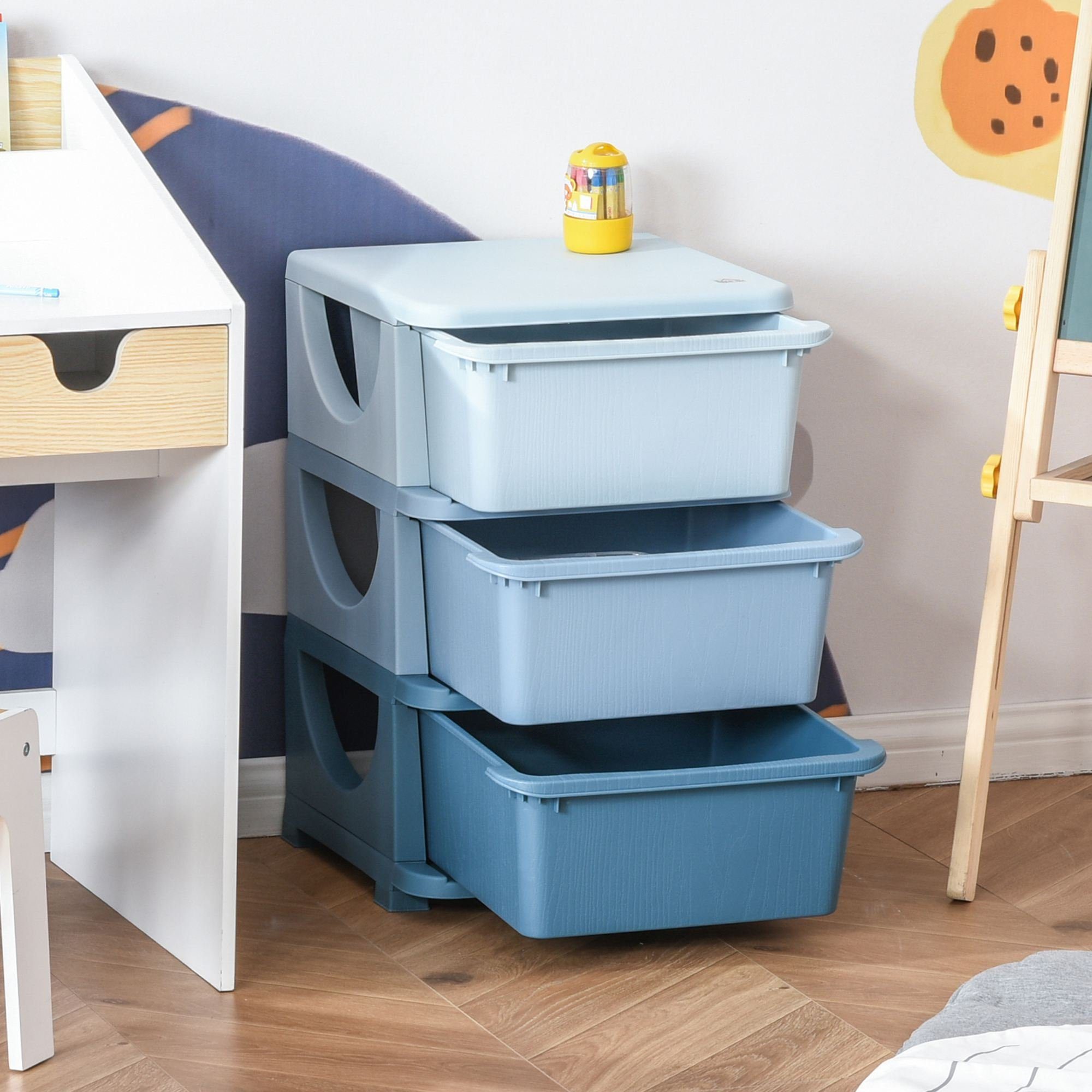 HOMCOM Spielzeugtruhe mit Stauraum Aufbewahrungsboxen Spielzeug-Organizer Blau (Set, 1 St., drei Ebene für Kinderzimmer 3-6 Jahre), 37L x 37B x 56.5H cm