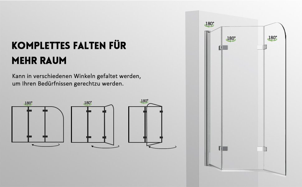 GOEZES Badewannenfaltwand 5mm Sicherheitsglas beideseitig Nano, Verstellber Aluprofile, (3 teilig faltbar 180° Faltwand, BxH:140x140, 130x140, 120x140cm), Rechts-und Links montierbar