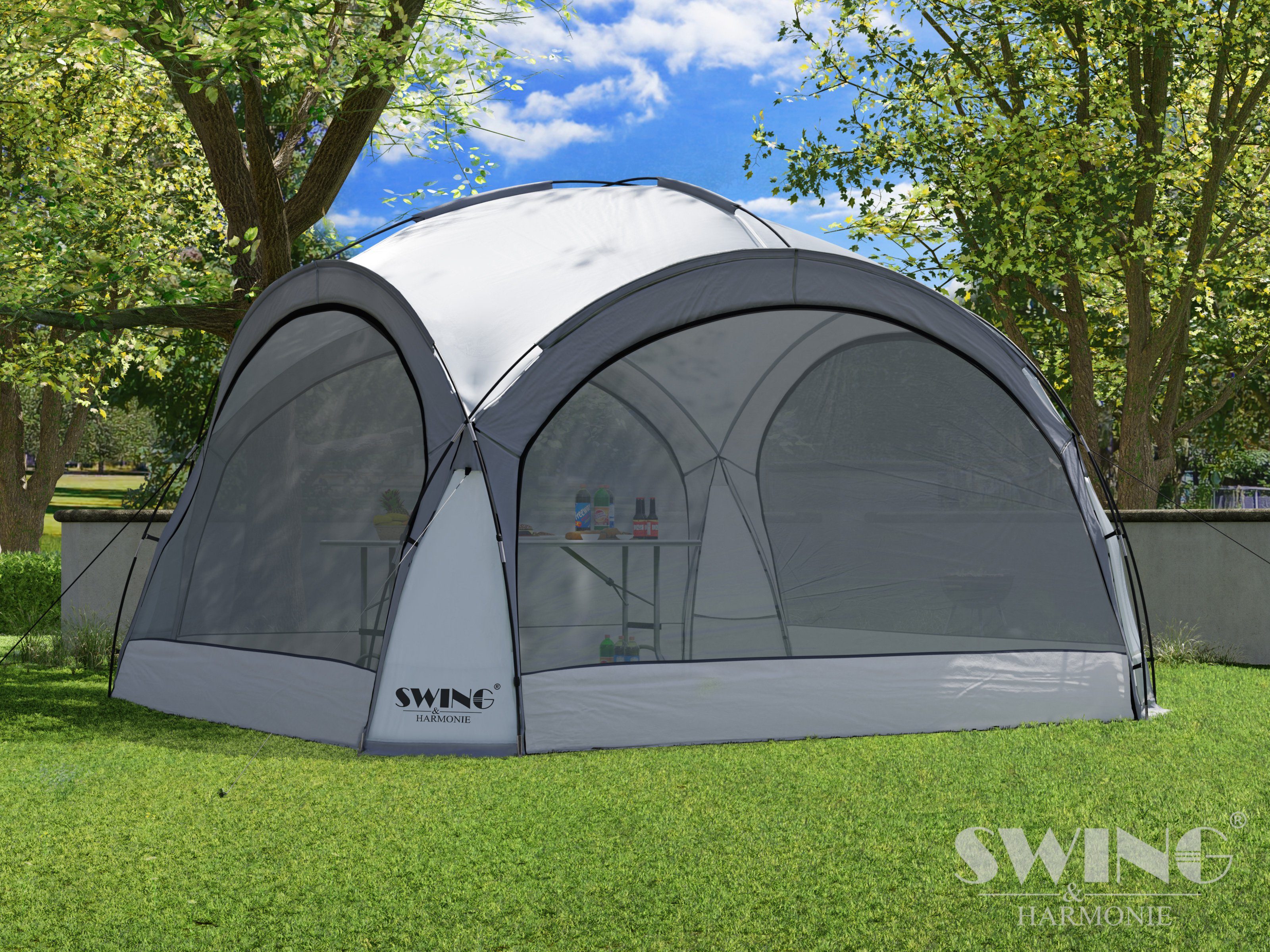 Swing&Harmonie Faltpavillon LED Event Pavillon XXL DomeShelter 450cm, inkl. Solarmodul Designer Gartenzelt mit Beleuchtung Camping Partyzelt