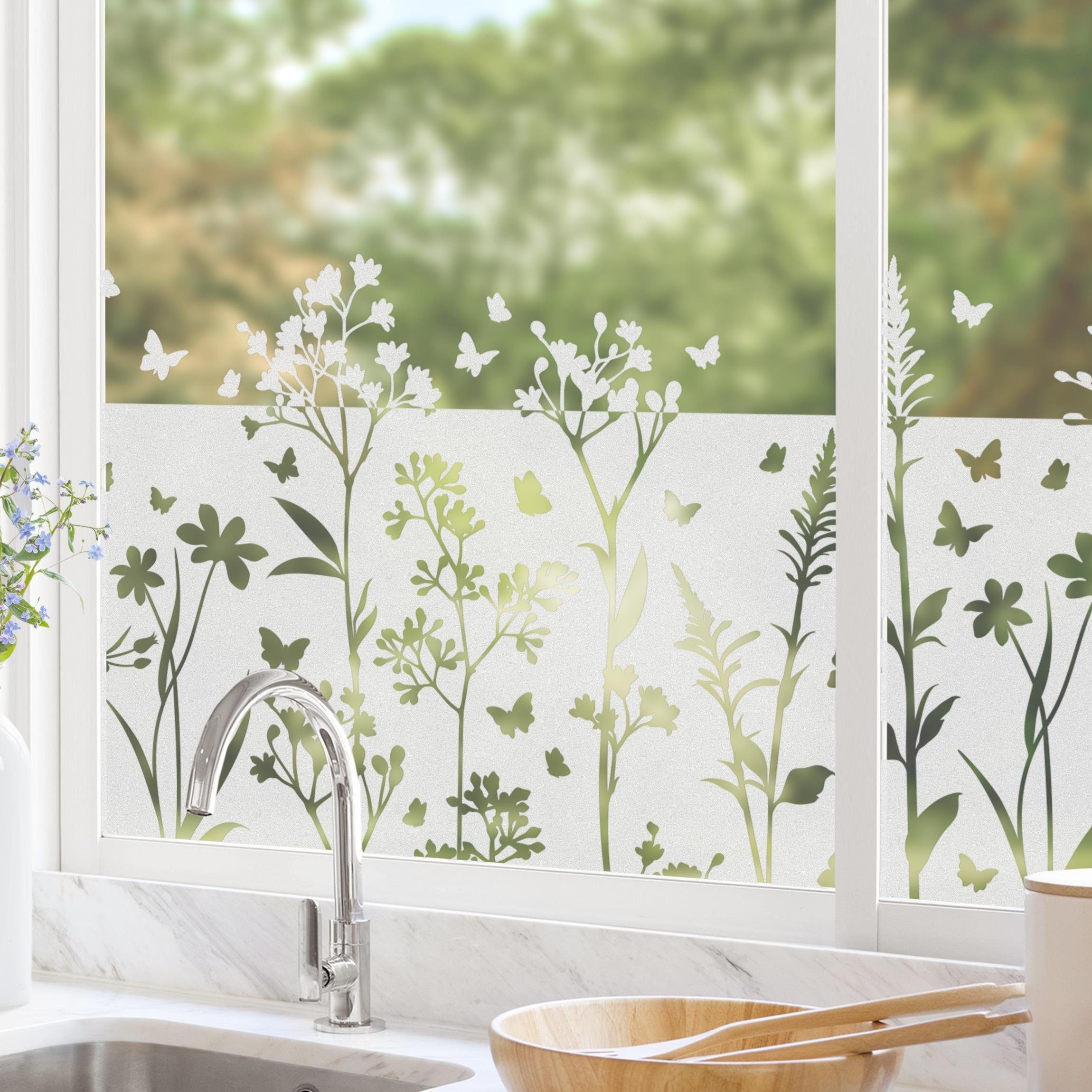 Fensterfolie statisch haftend Motiv Fensterdeko Wildblumen Schmetterlingen Bordüre, Bilderdepot24, blickdicht, Innen Fenster Tür Balkontür Küche Badezimmer Wohnzimmer Schlafzimmer