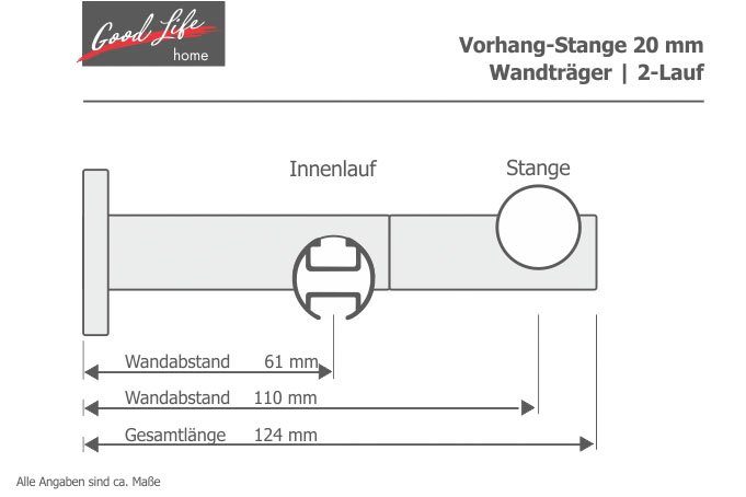Kombi-Vorhangstange Mira, Good Life, Ø 20 mm, 2-läufig, Fixmaß, mit Bohren, verschraubt, Aluminium, Kunststoff, Metall