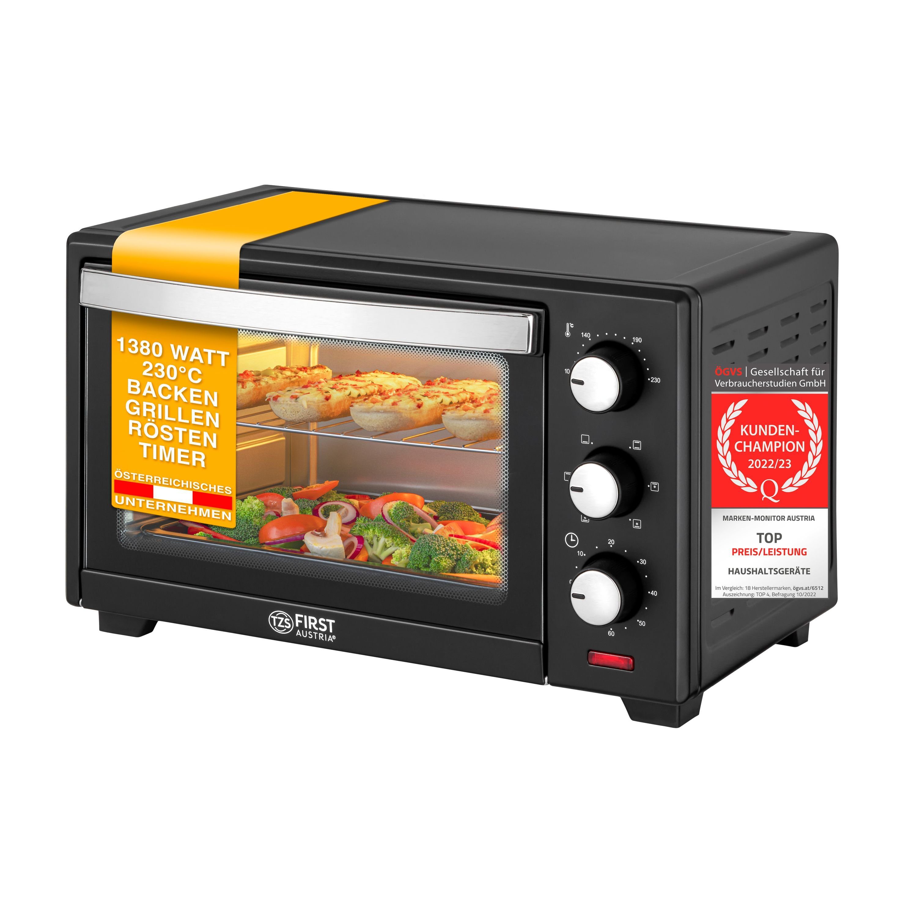 TZS FIRST AUSTRIA Minibackofen 20L Mini Backofen, 1380W, Unter-Oberhitze, bis 230 Grad, Doppelglastür, stufenlose Temperaturregelung, 60 Min Timer, Mini Ofen, Krümelblech