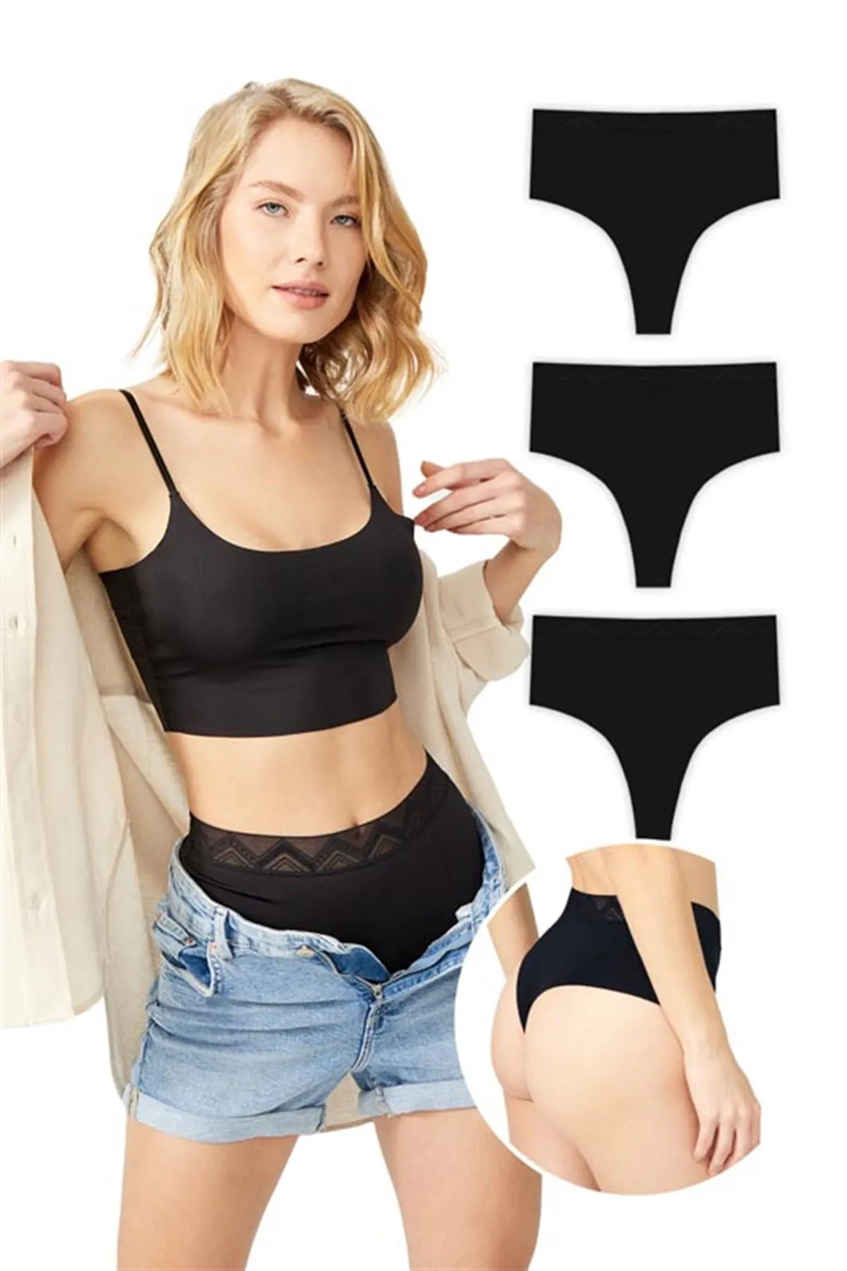 Cottonhill  Basic-Tangas mit hoher Taille und lasergeschnittenem Tanga im 3er-Pack – 4 Stück
