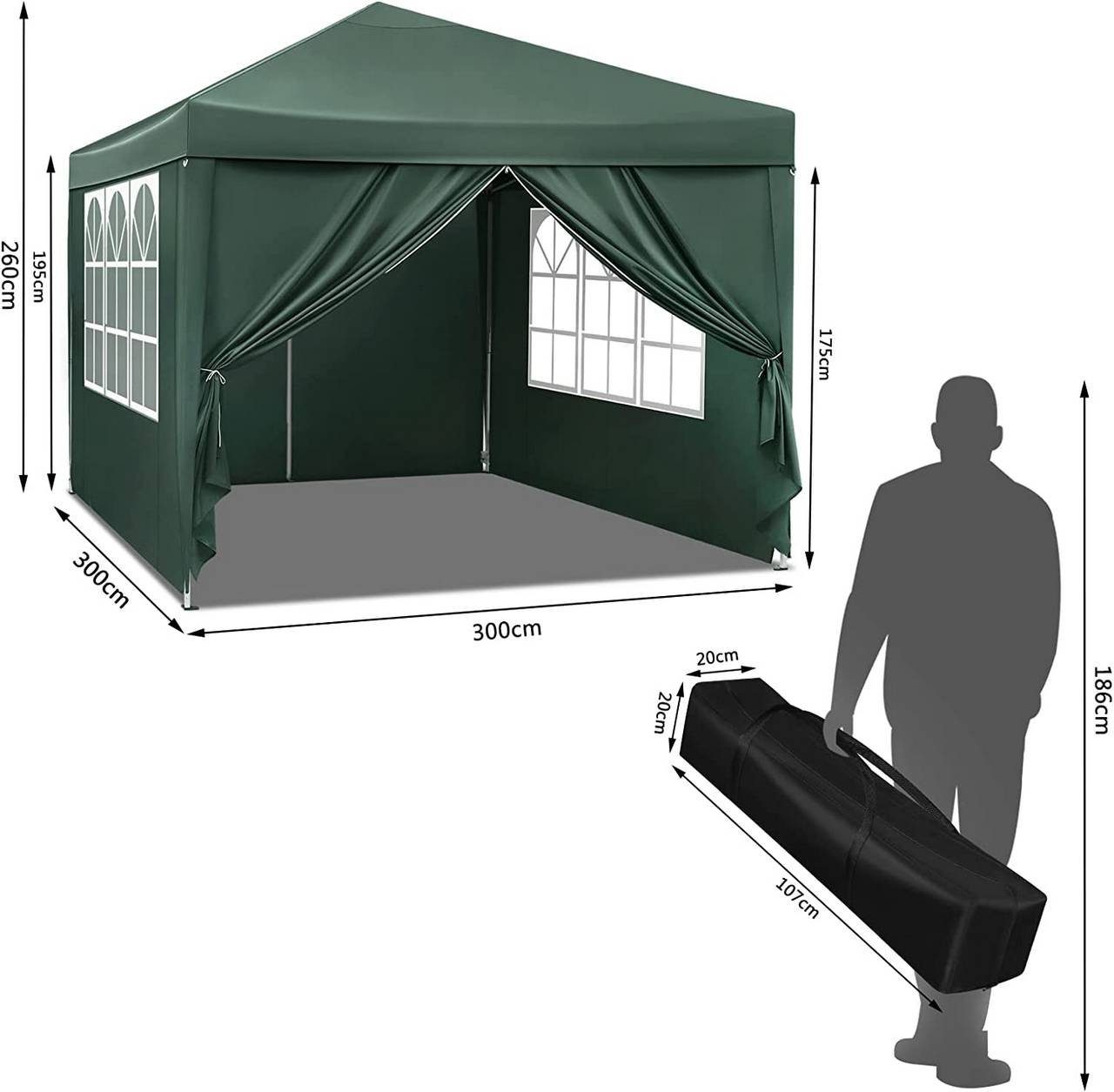 Woltu Faltpavillon, mit 4 Seitenteilen, aus Oxford Metallrahmen 3x3 m