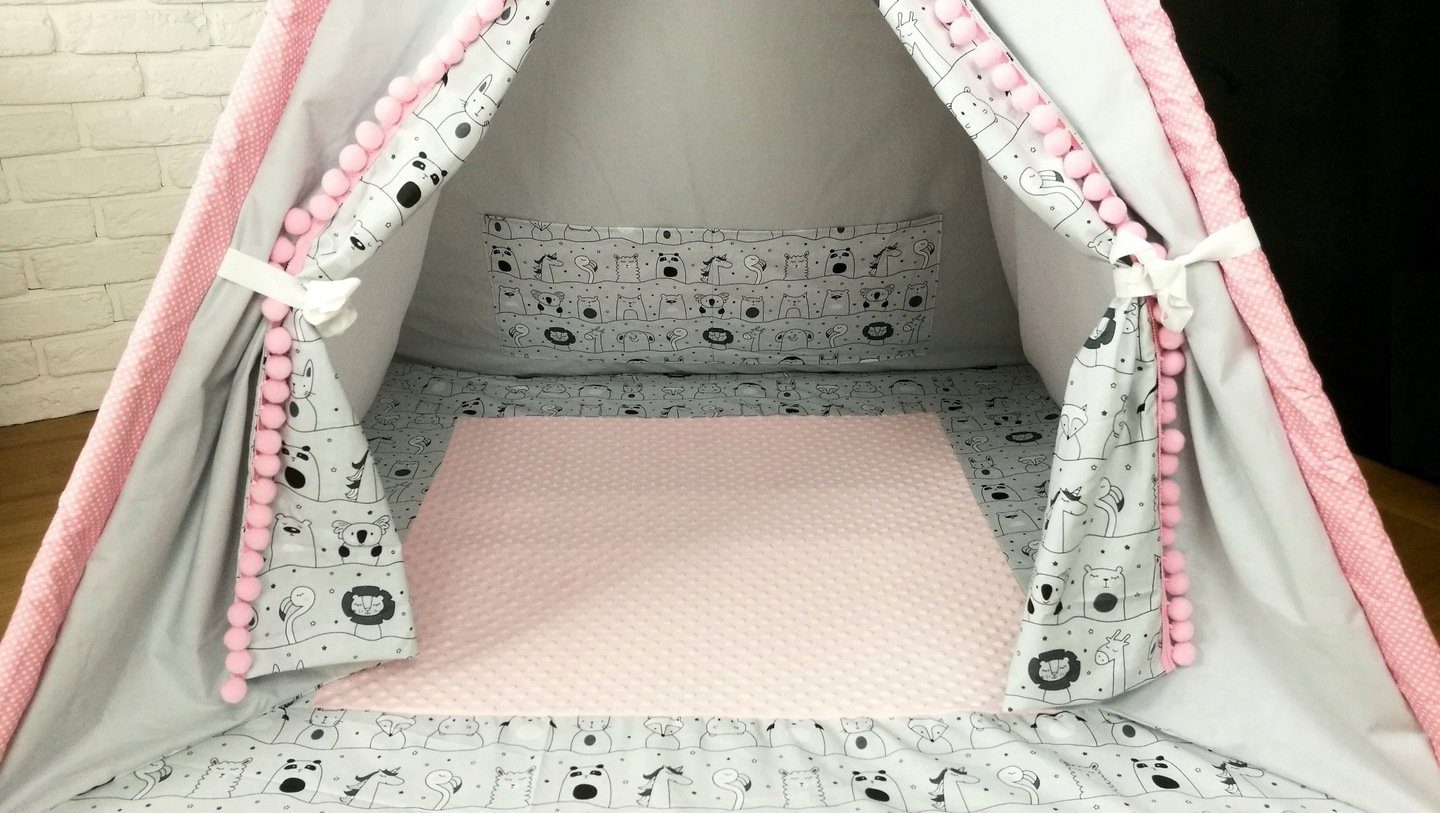 Pamek Tipi-Zelt Tipi Tiere Kissen Spielzelt Komplett SET mit Tieren, Personen: 1 (7 tlg)