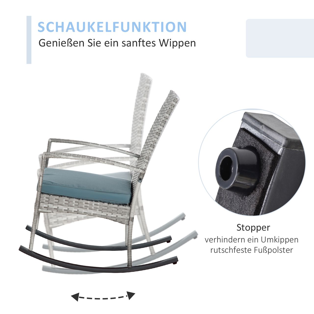 Outsunny Schaukelstuhl Schwingsessel Gartenstuhl mit Kissen, Polyrattan Metall, Grau, 66 x 88 x 98 cm