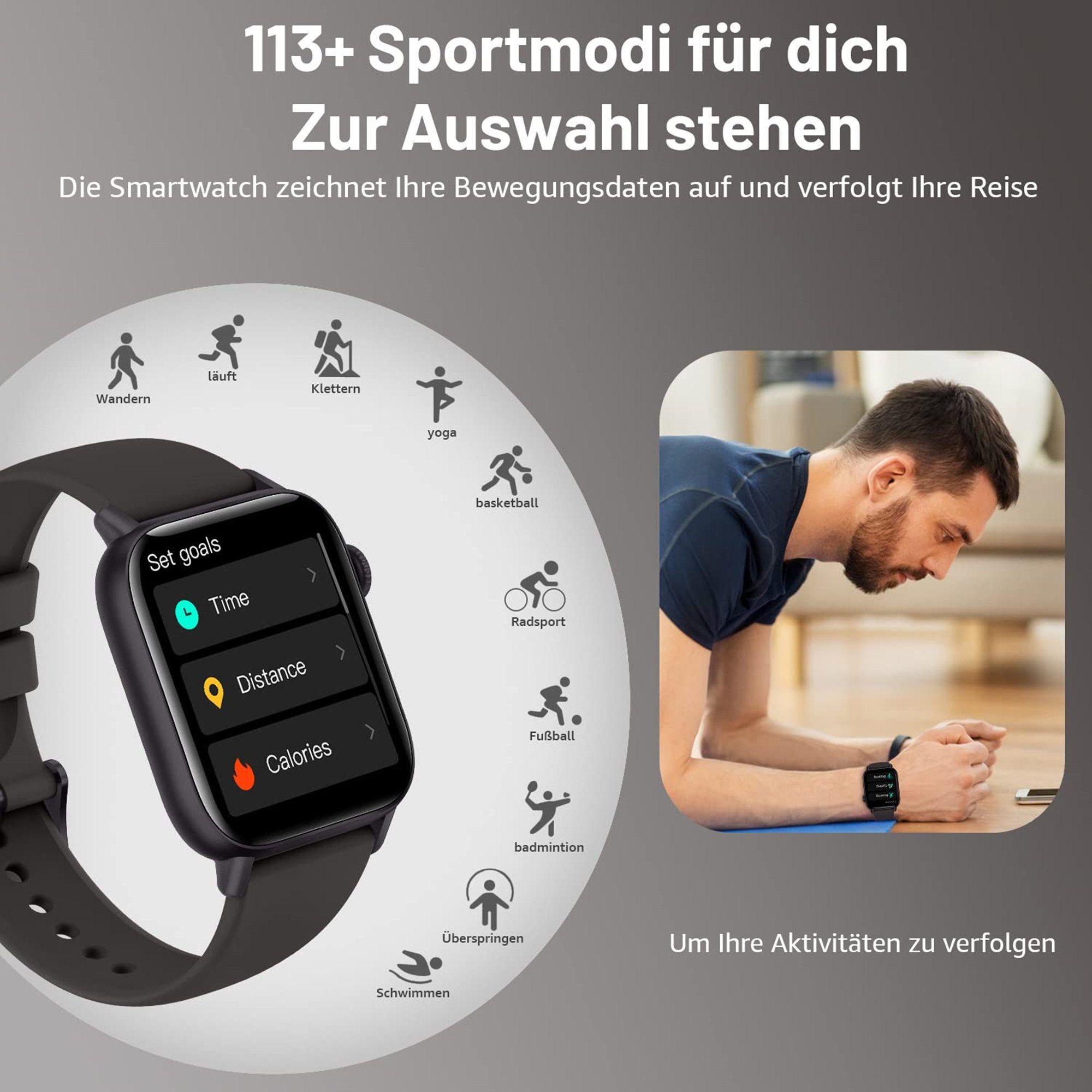 Tisoutec Smartwatch Damen Herren Fitness Tracker Fitnessuhr Smartwatch (Fitnessuhr /WhatsApp Notiz,Smartwatch Fitness Tracker Uhr IP68 Wasserdicht,1.69