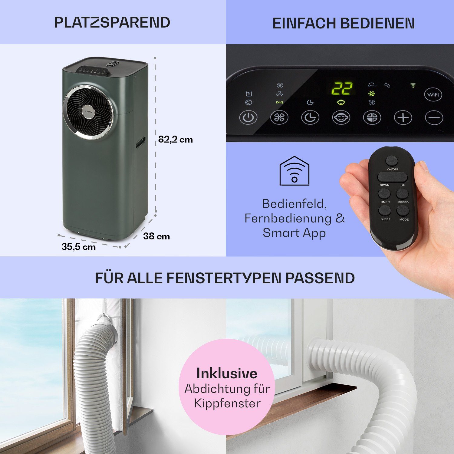Klarstein Klimagerät Kraftwerk Smart, Klimagerät mobil Air Conditioner Kühlgerät Luftkühler
