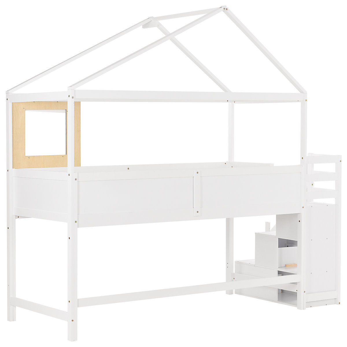 Hochbett 90x200cm mit Treppenschublden und Tafeln aus Massivholz, Kinderbett Spielbett