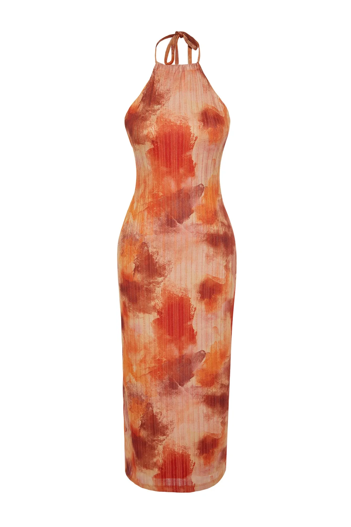 Trendyol Collection  Oranges Neckholder-Midi-Bleistiftkleid aus Strick mit spezieller Textur TWOSS23EL02406
