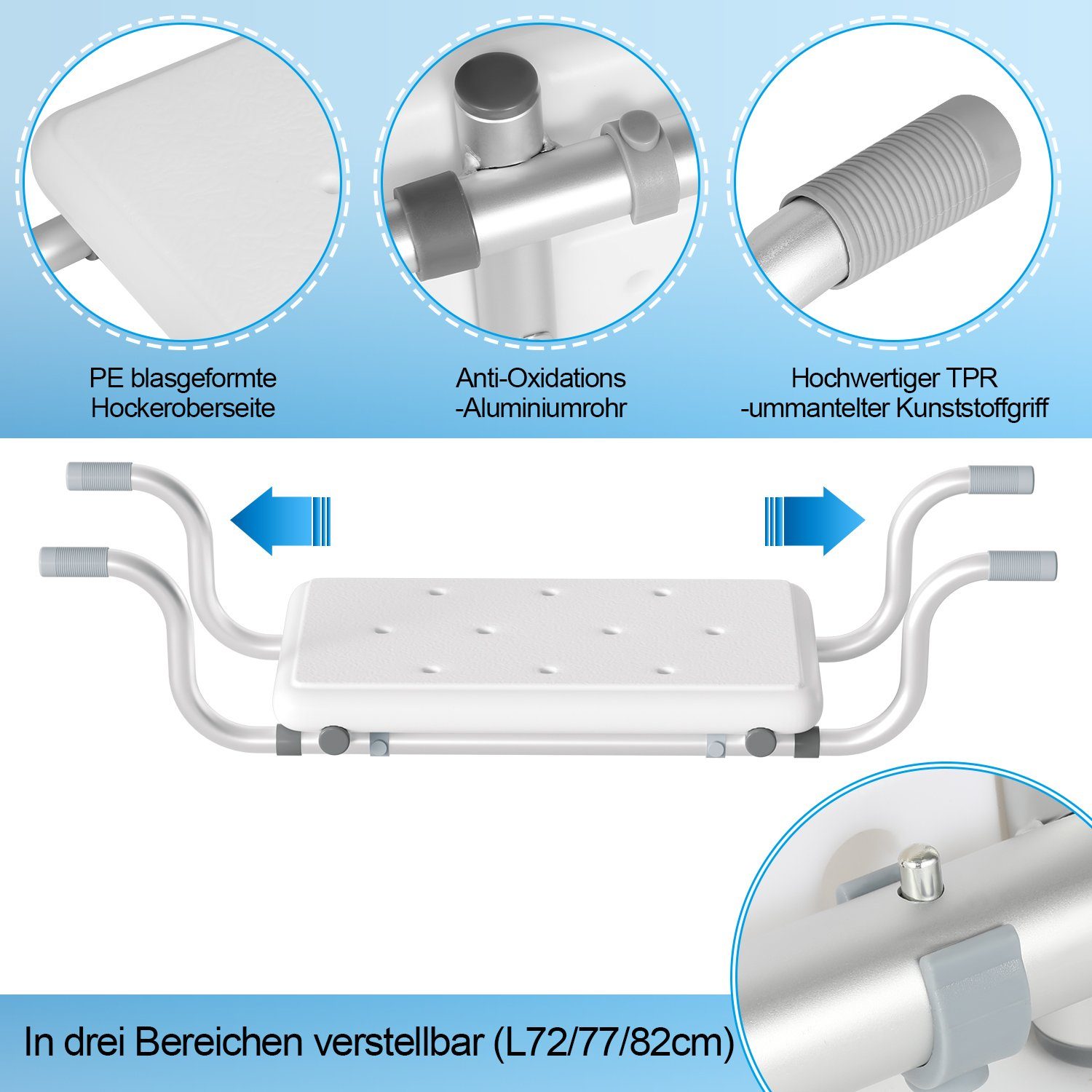 TolleTour Badewannensitz Badewannensitz Wannensitz 72-82cm Badesitz Weiß bis 136Kg