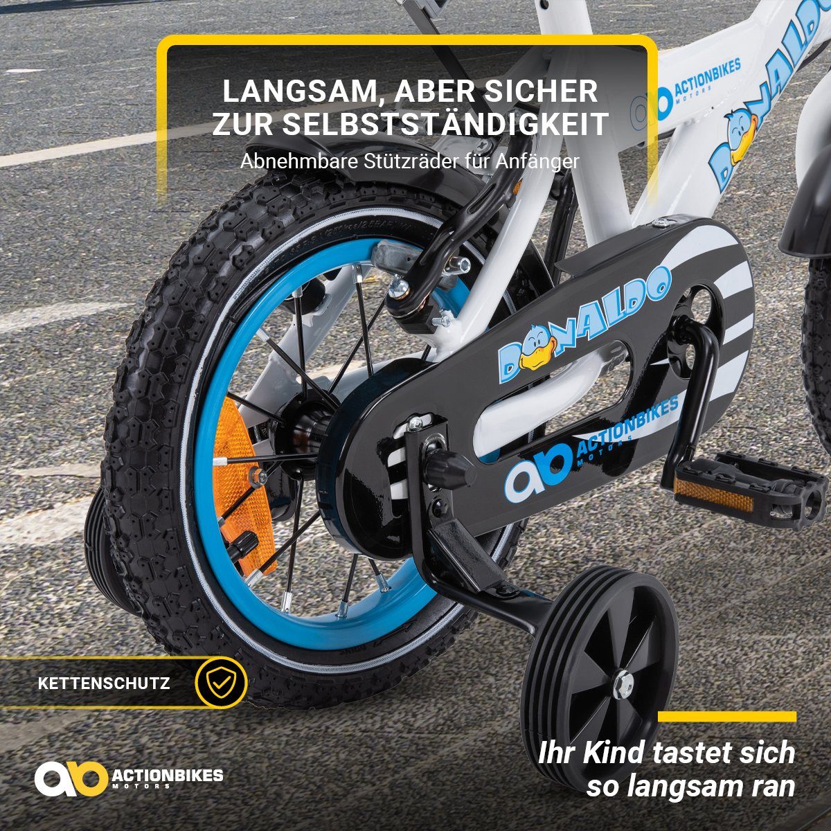 Actionbikes Motors Kinderfahrrad Kinder Fahrrad BMX Donaldo inkl. Korb - weiß / blau, 1 Gang, ohne Schaltung, (12 Zoll, ab 95 cm Körpergröße, max. Zuladung 35 kg, abnehmbare Stützräder, Klingel, Trinkflasche inkl. Halterung, Reflektoren, Antirutschgr