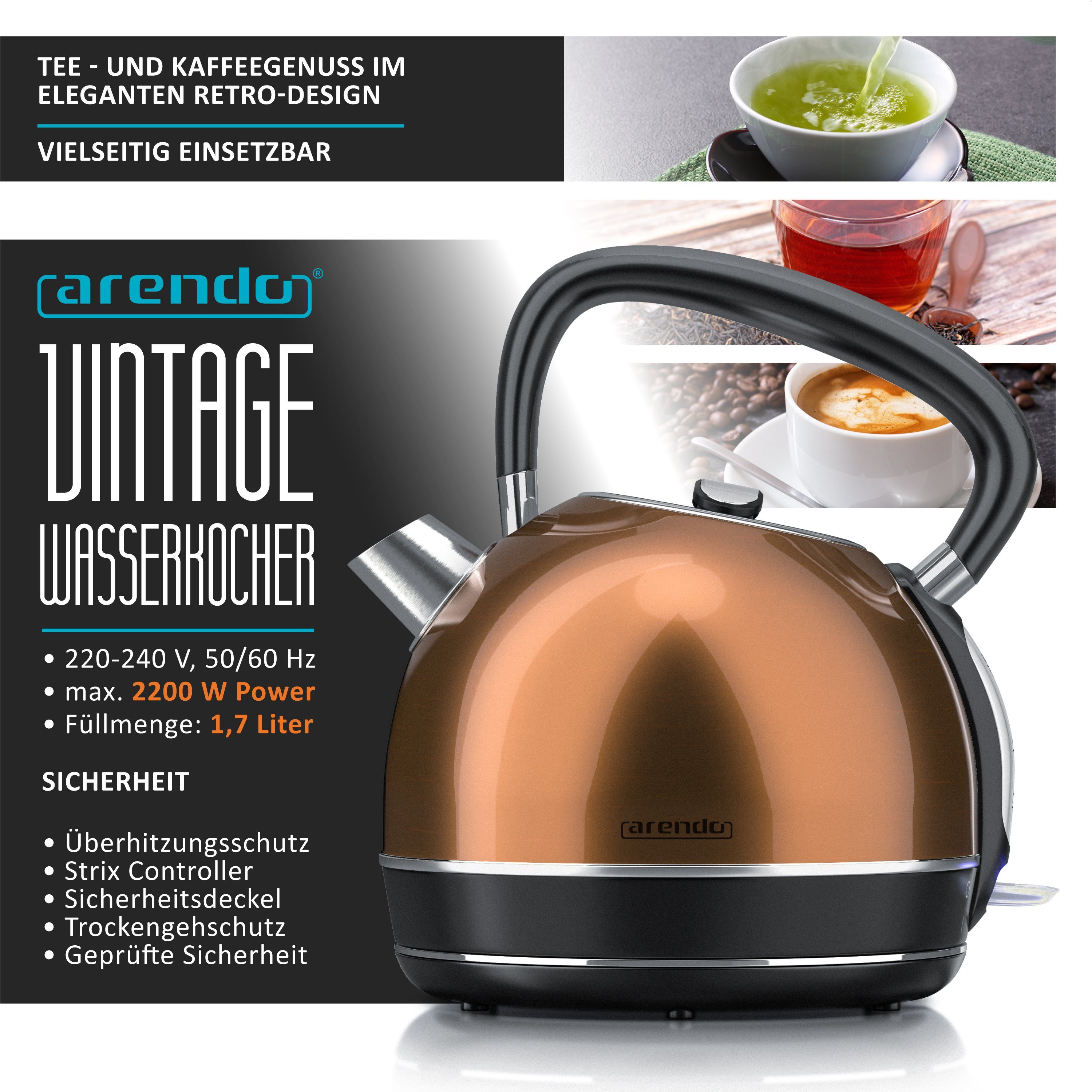 Arendo Frühstücks-Set (2-tlg), Edelstahl Wasserkocher 1,7l & 2 Scheiben Langschlitztoaster, Kupfer