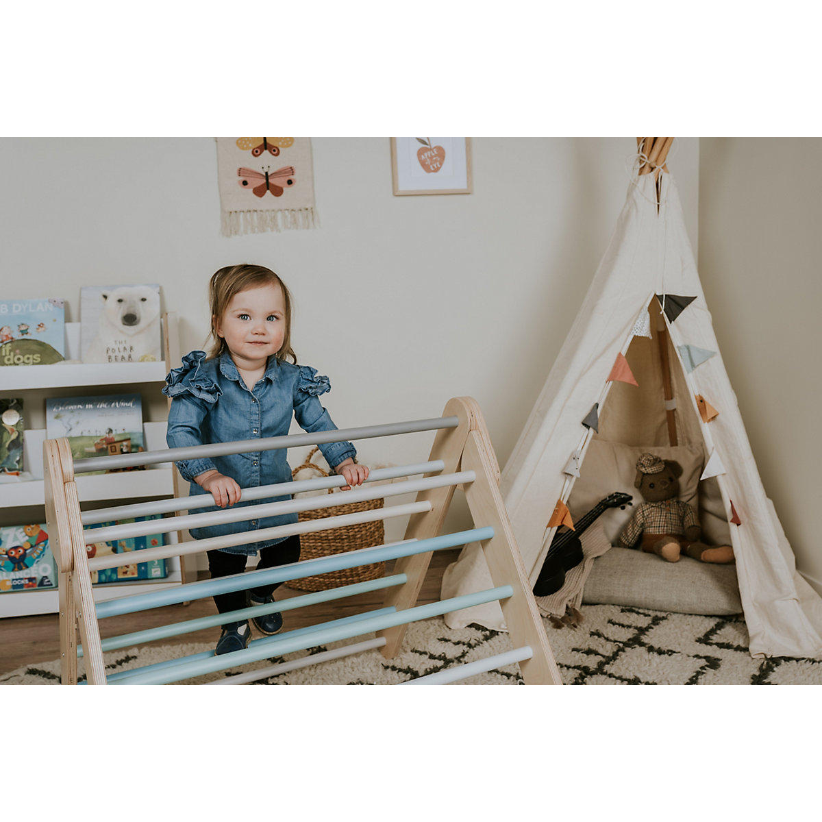 Klettergerüst mit Rampe und Rutsche Indoor, Kletterdreieck aus Holz, Klettern Innnen Kleinkind