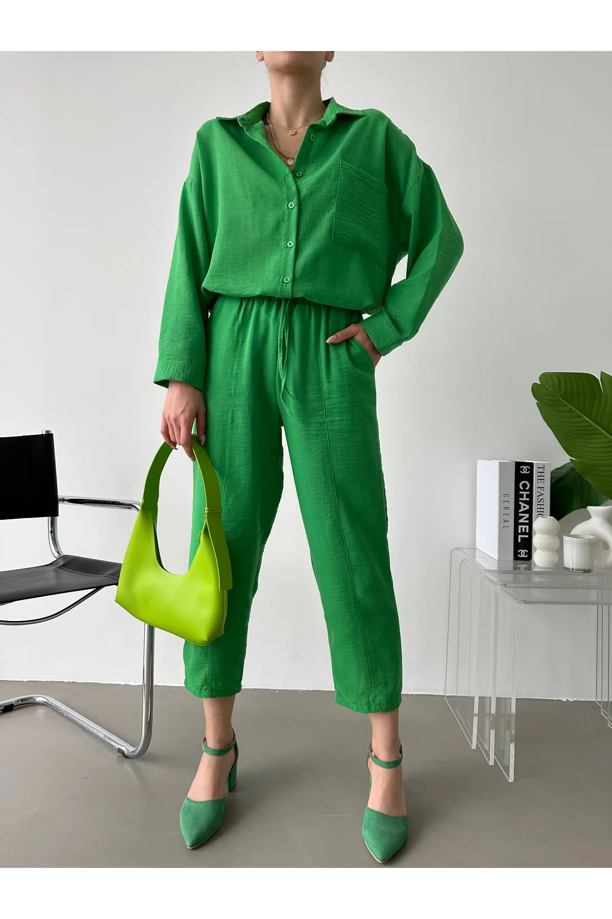 BEJNA  Grünes Oversize-Leinenhemd-Hose-Unterteil-Top-Set für Damen
