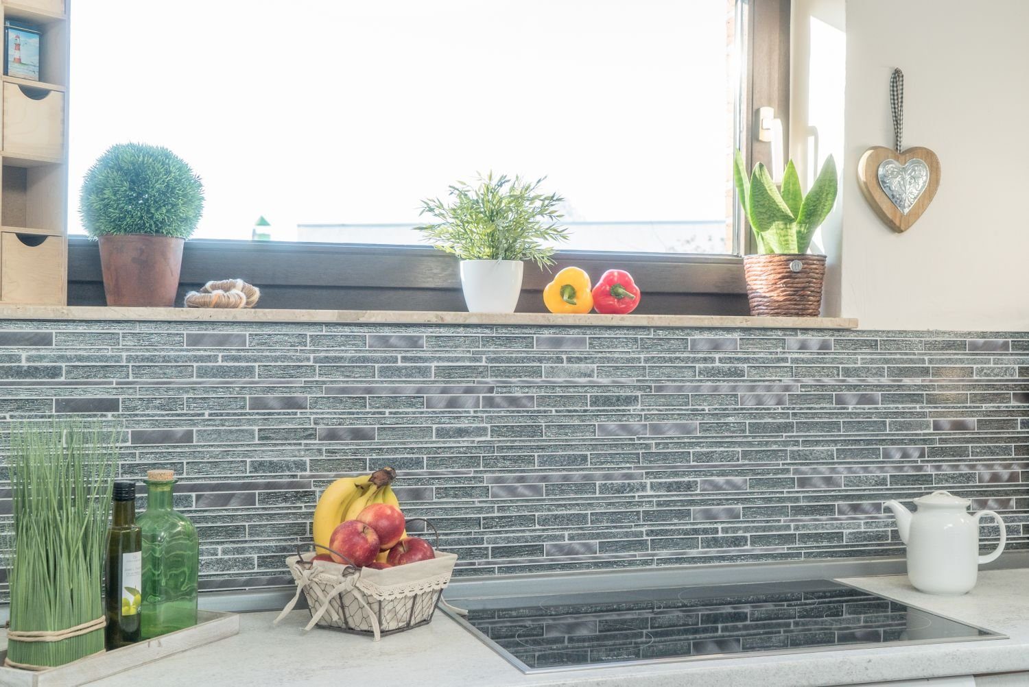 Mosani Mosaikfliesen Glasmosaik Naturstein Alu Mosaik schwarz glänzend / 10 Matten