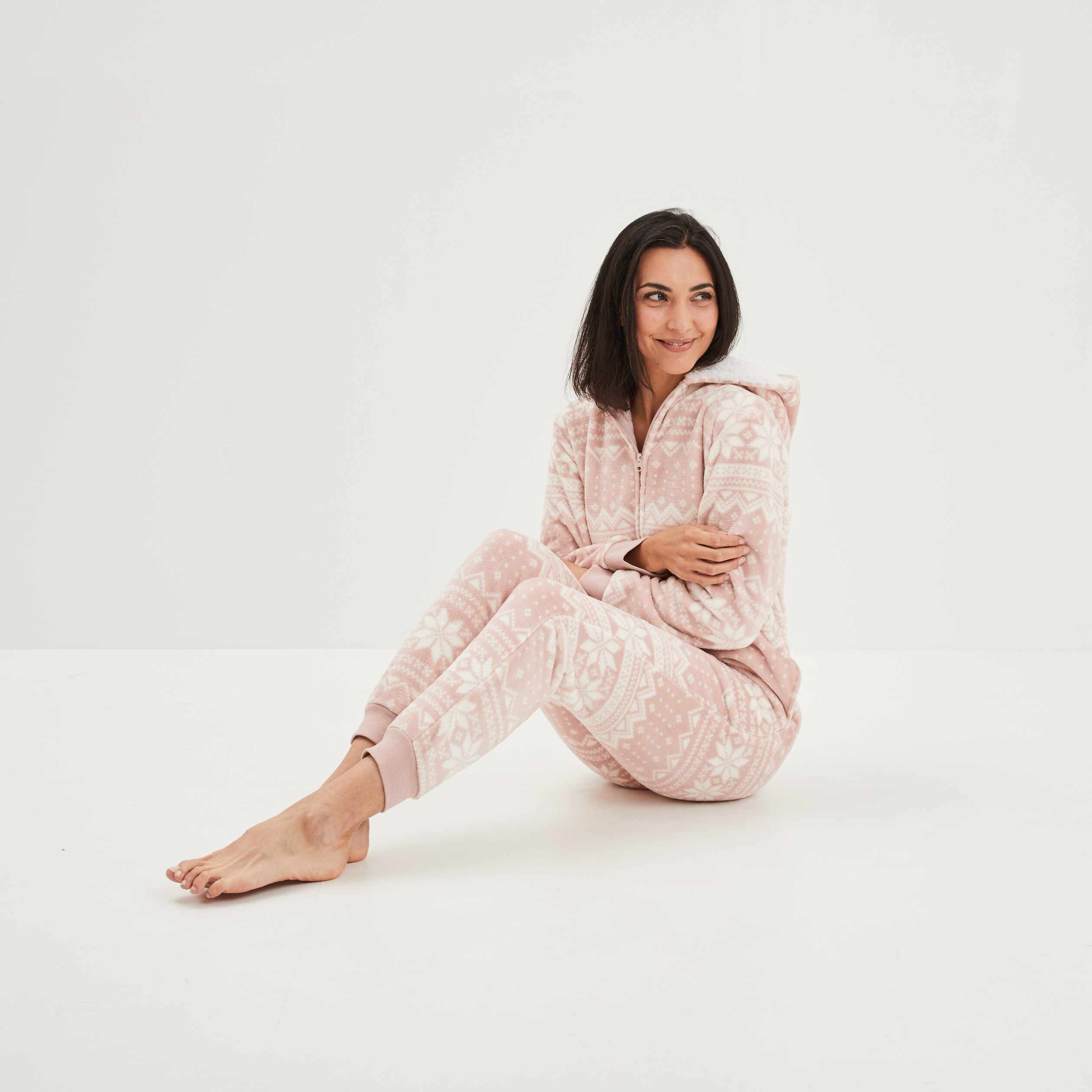 Combinaison pyjama pilou à capuche rose femme | La Halle