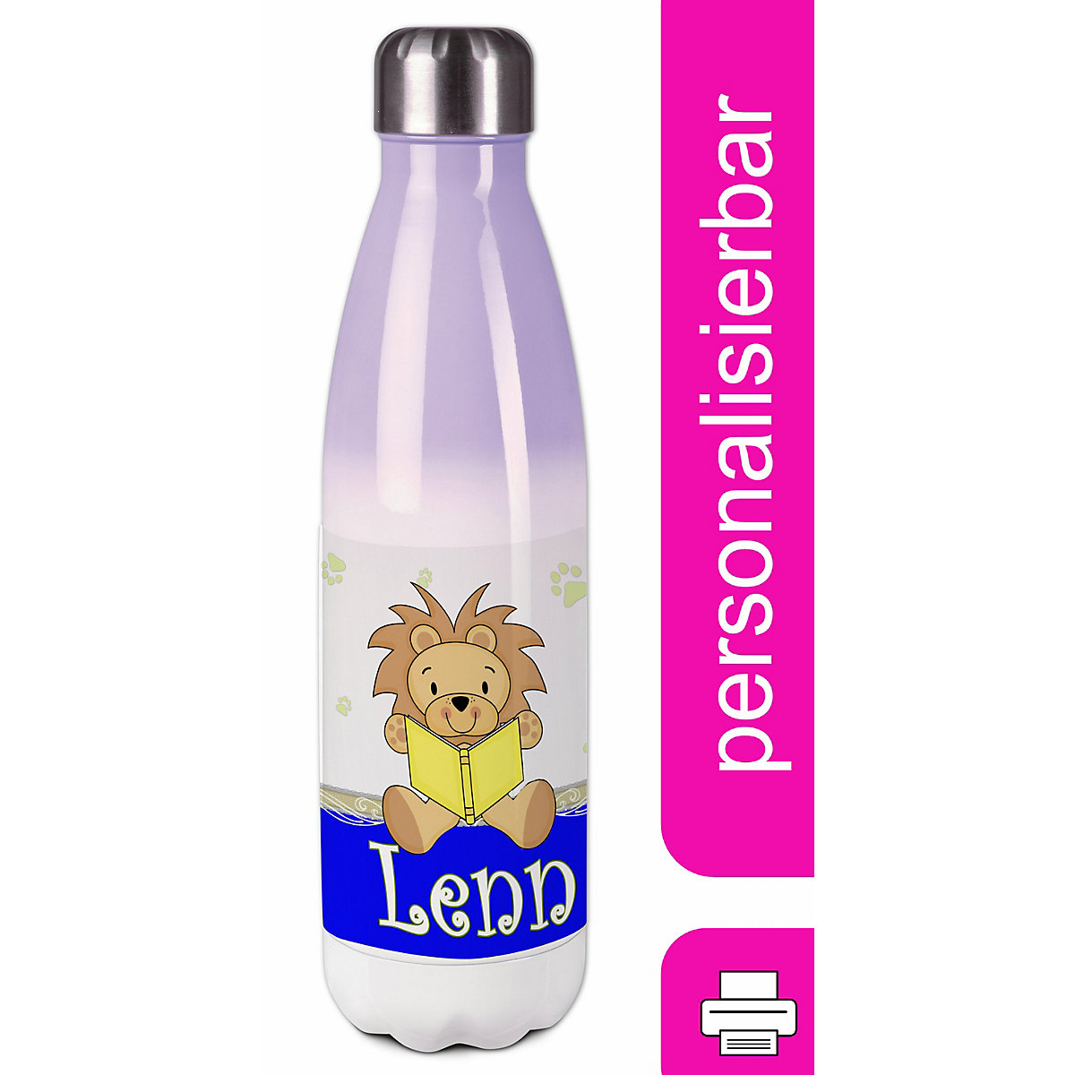 Edelstahl Kinder Thermoflasche / Trinkflasche bunt Leselöwe Farbe blau Spülmaschinenfest, Auslaufsicher, Bruchfest, Doppelwandig, Für Heißgetränke geeignet, Mit Deckel, Isoliert