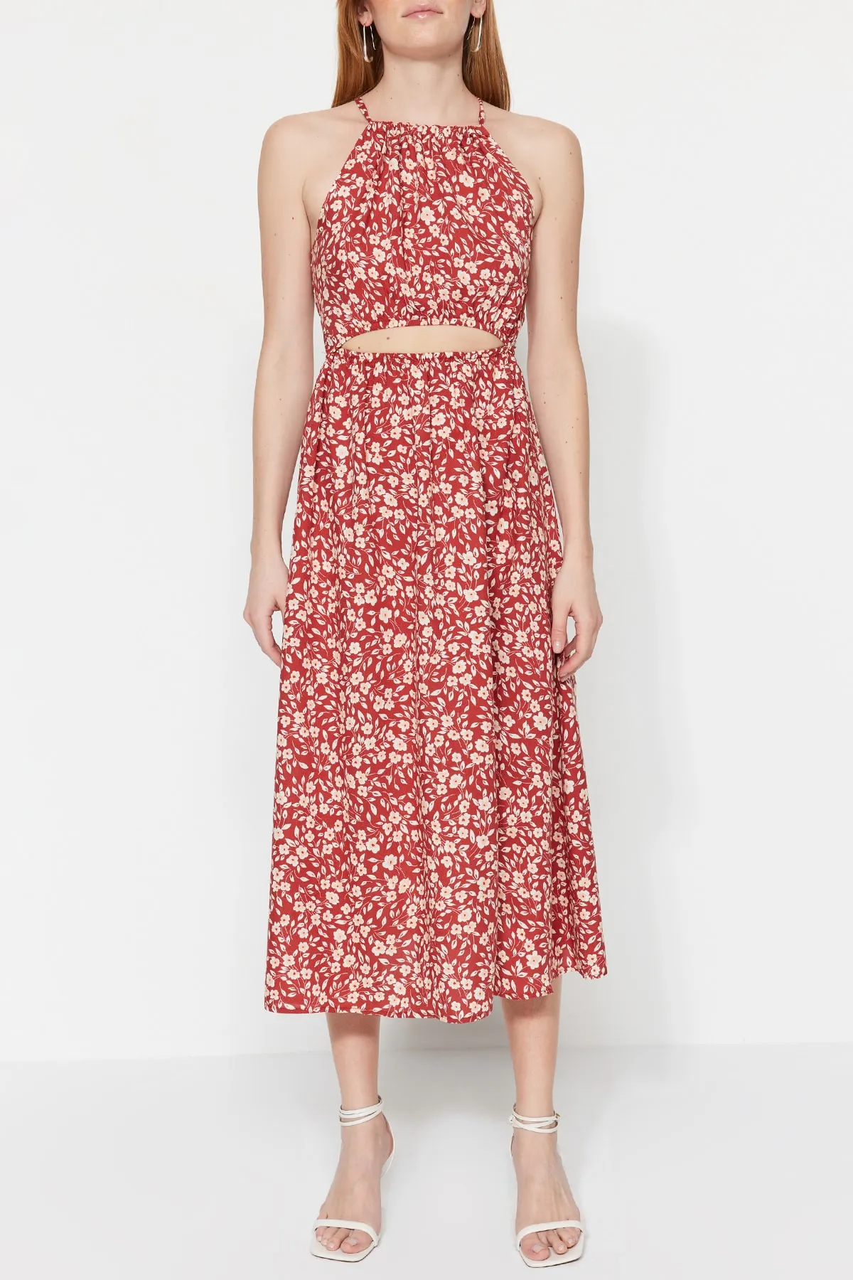 Trendyol Collection  Rotes, gerade geschnittenes, gewebtes Midi-Kleid mit Fensterausschnitt und detailliertem Neckholder-Muster TWOSS23EL00416