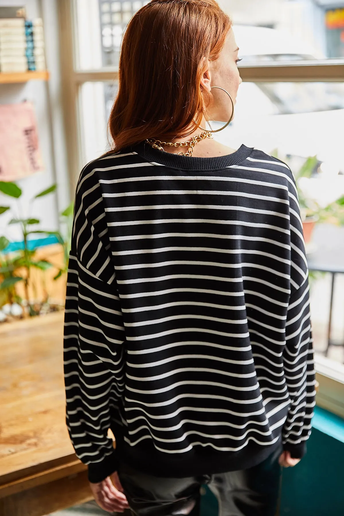 Olalook  Schwarz-weiß gestreiftes Damen-Sweatshirt mit weicher Struktur, lockeres Oberteil SWT-19000457