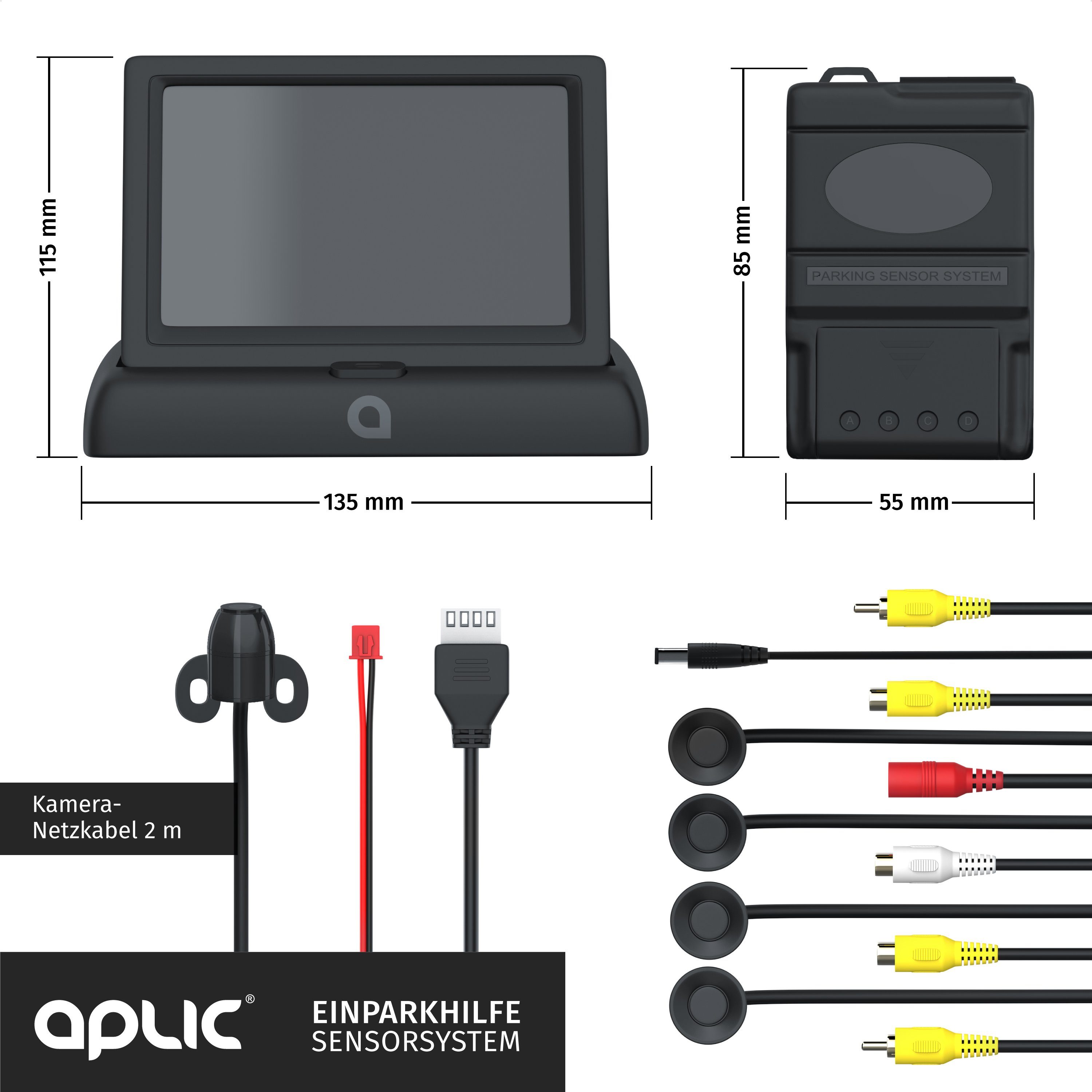 Aplic Rückfahrkamera (Einparkhilfe mit 4x Parksensoren, Kamera & 4,3