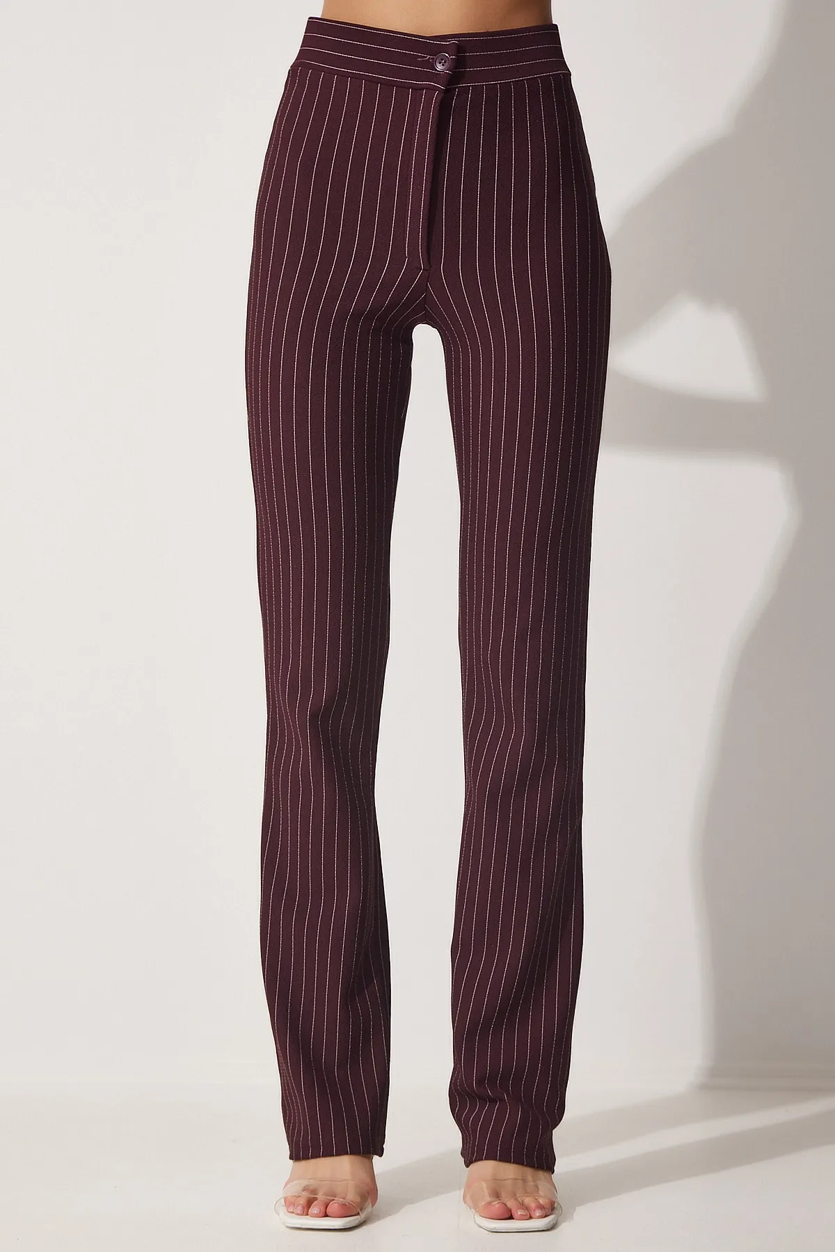 Happiness İstanbul  Burgunderrote gestreifte Damenhose mit hoher Taille RV00094