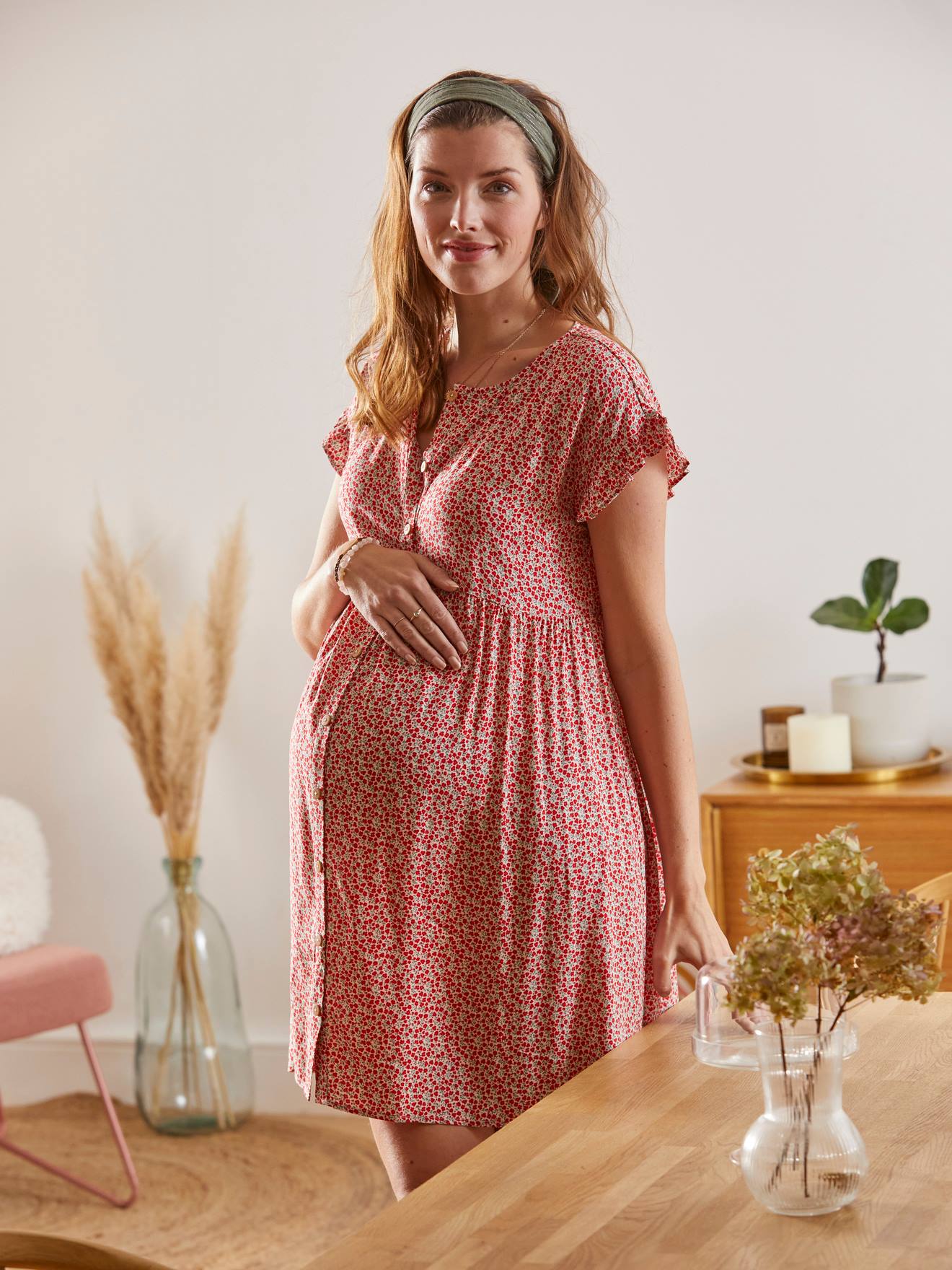 Robe fluide imprimée grossesse et allaitement beige aop