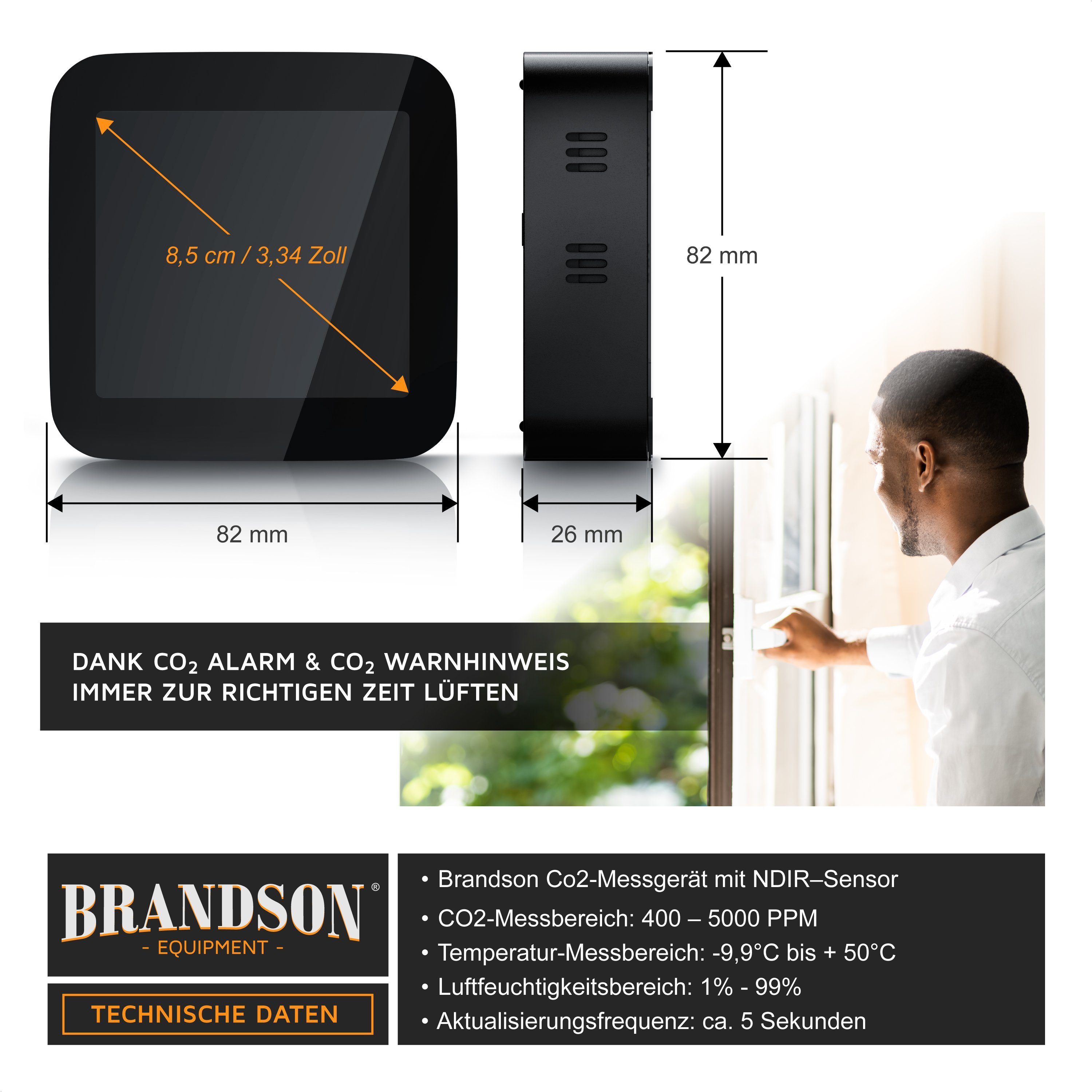 Brandson Gasmelder (CO2 Messgerät, Luftqualität Melder, Kohlendioxidmessung, Warnmelder)