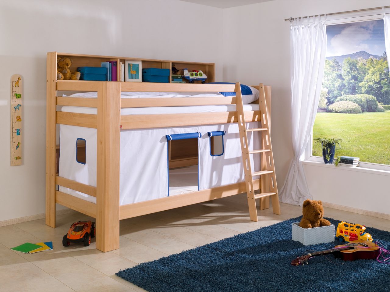 Relita Etagenbett Jan mit Bücherregal und Vorhang weiß/delfin