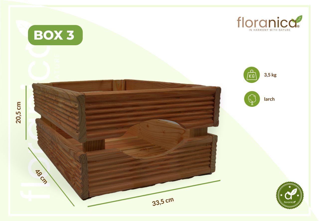 Pemicont Floranica Holzkiste Lärche Braun 3er Set Gartendeko Aufbewahrungsboxen Obstkisten Blumentopf Holz Kiste Spielzeugkiste