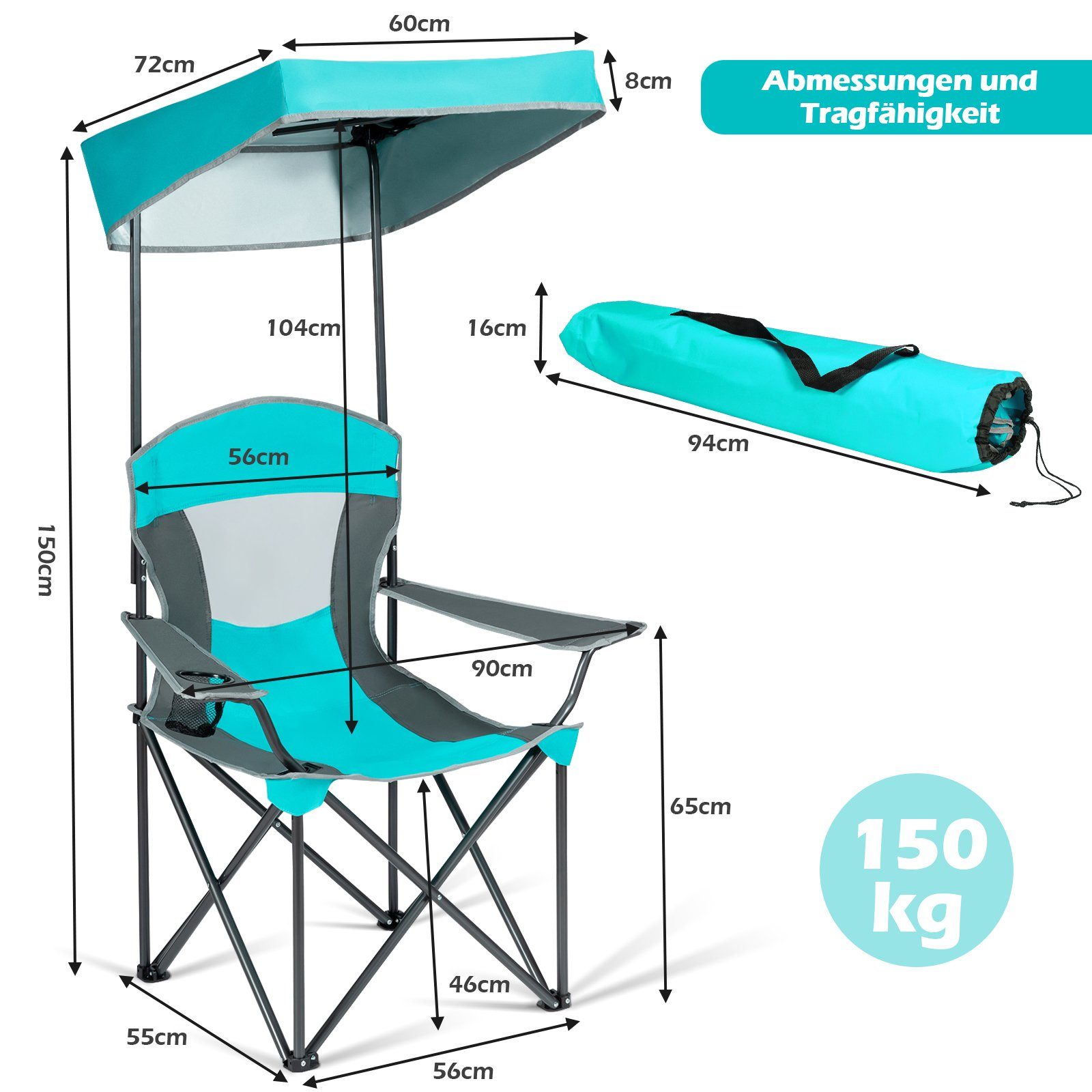 COSTWAY Campingstuhl, mit Becherhalter & Tragetasche, bis 150kg, klappbar