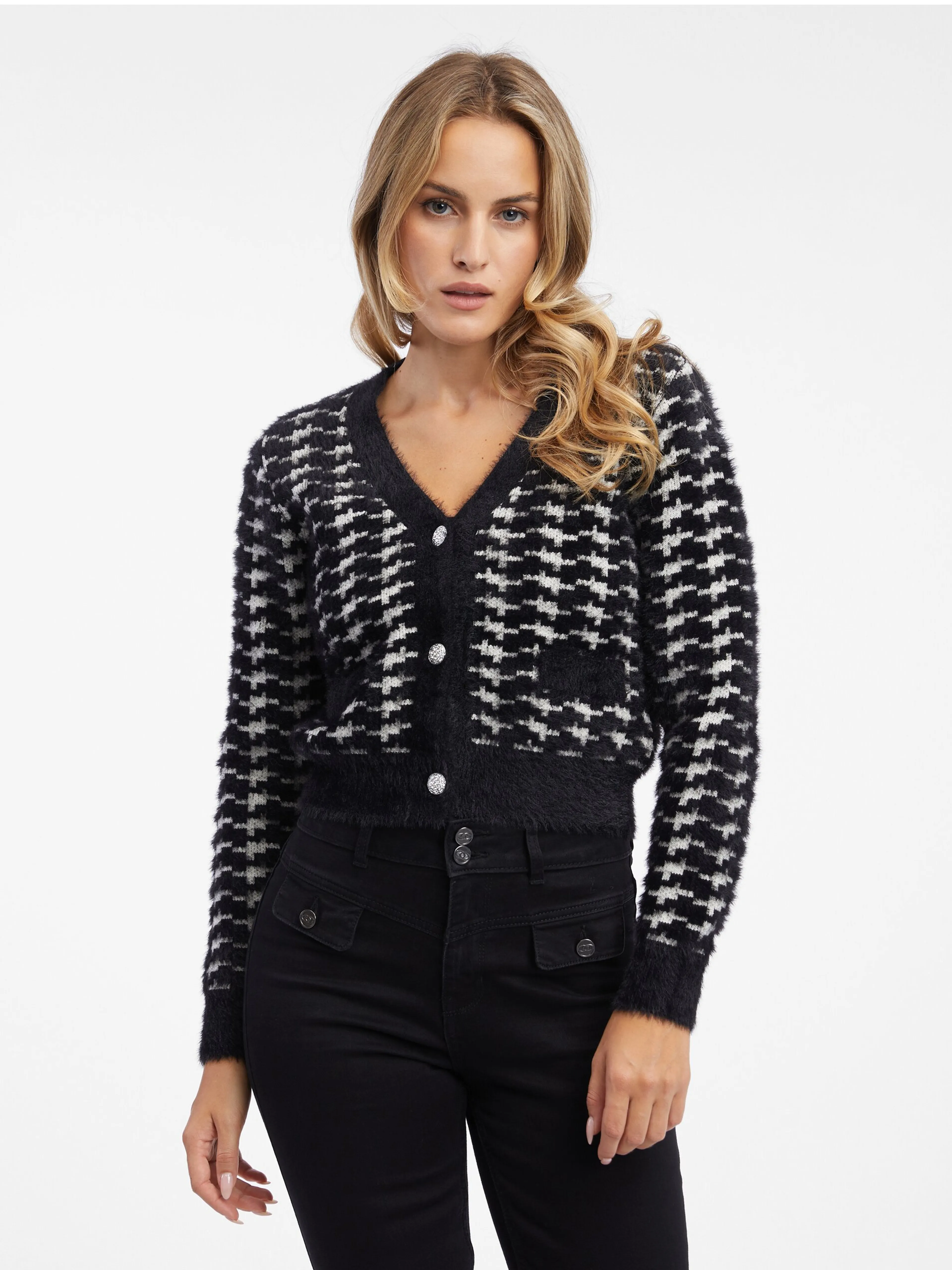 Weiß-schwarz gemusterte Damen-Strickjacke ORSAY