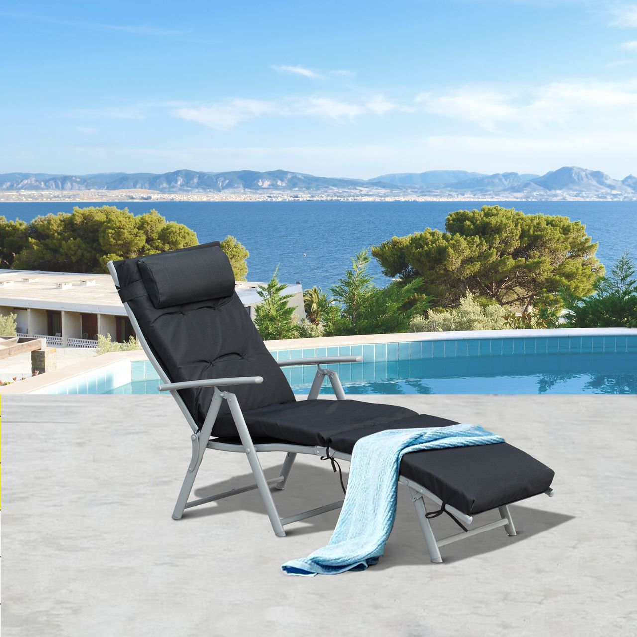 Outsunny Sonnenliege mit Kissen Klappbare Strandliege Gartenliege 7-stufig verstellbare Rückenlehne Relaxliege Metall Textilene Schwarz 137 x 63,5 x 100,5 cm